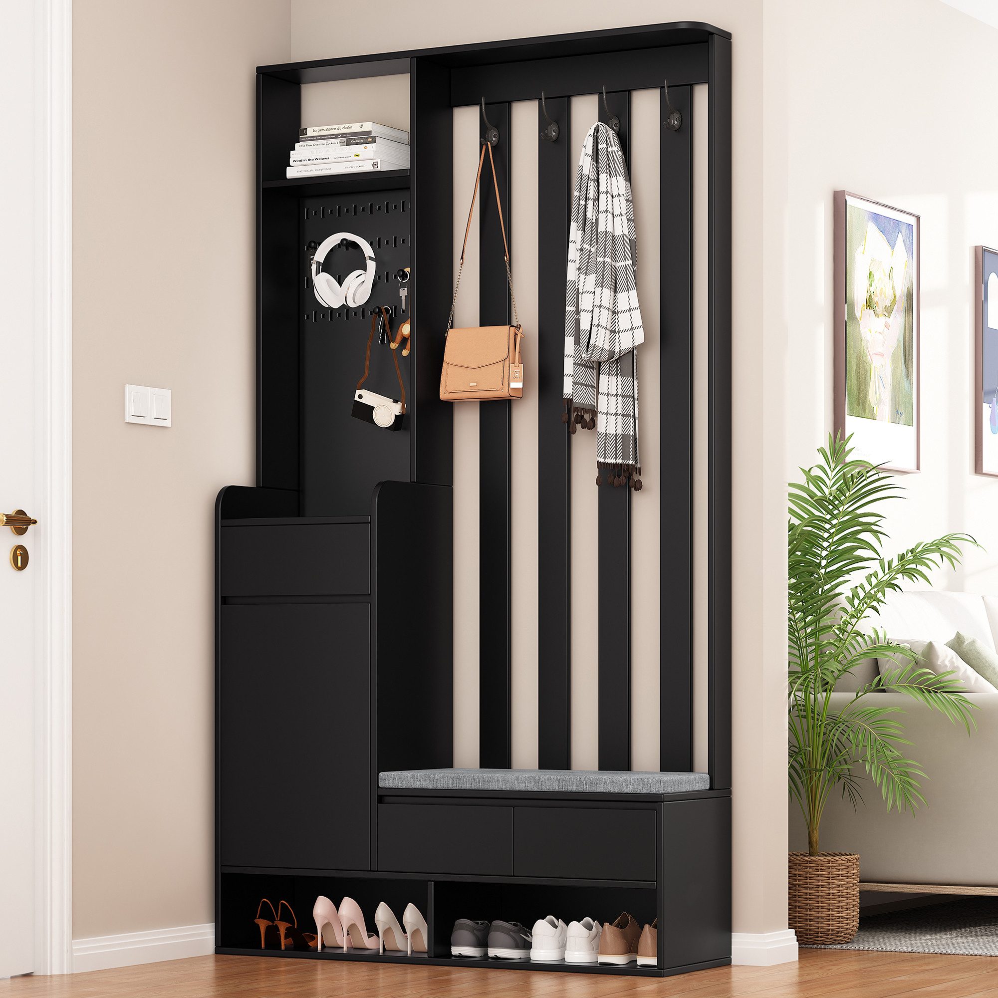 Fine Life Pro Garderobe Flurgarderobe, Aufbewahrungsbank, Stecktafel, schwarz, 100x180x35 cm, 4 Haken, Schuhschrank, Eingang