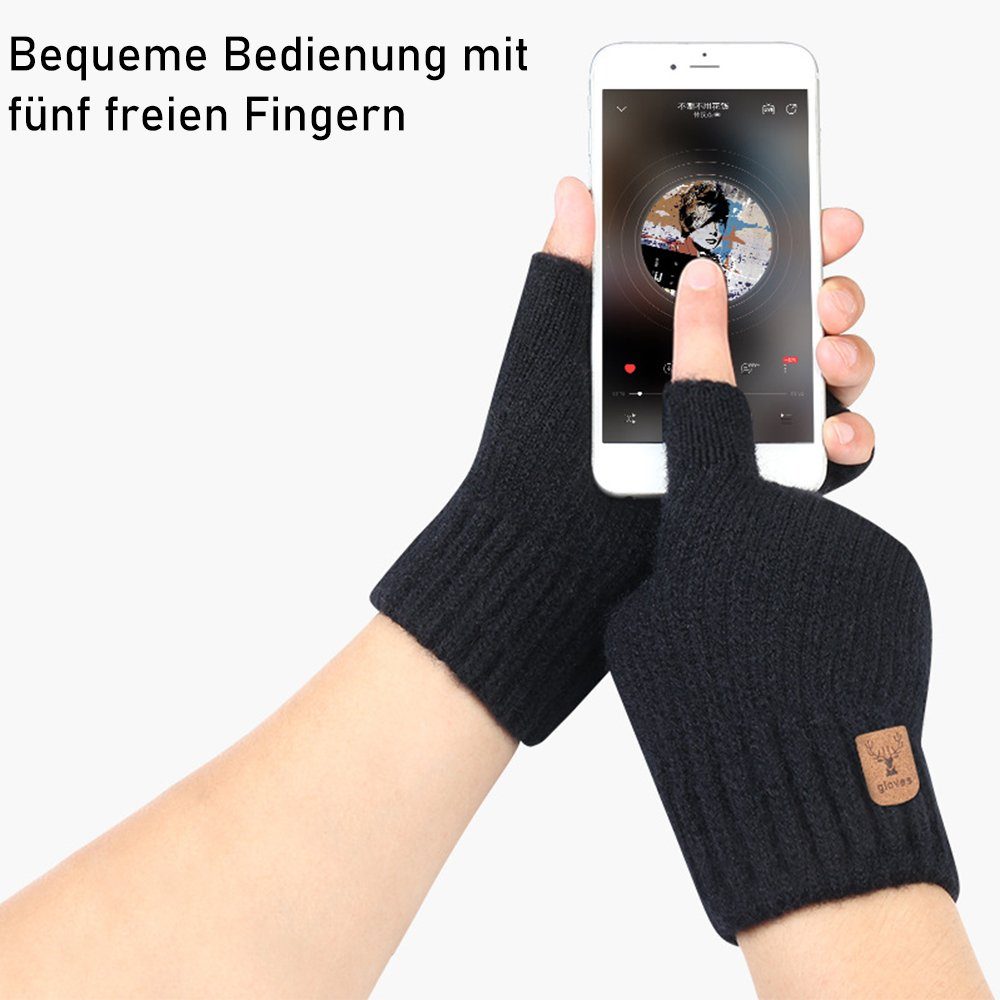 Handschuhe, weich 2 Strickhandschuhe Schwarz Winter Paar + Fingerlose zggzerg Hellgrau Strickhandschuhe Thermisch