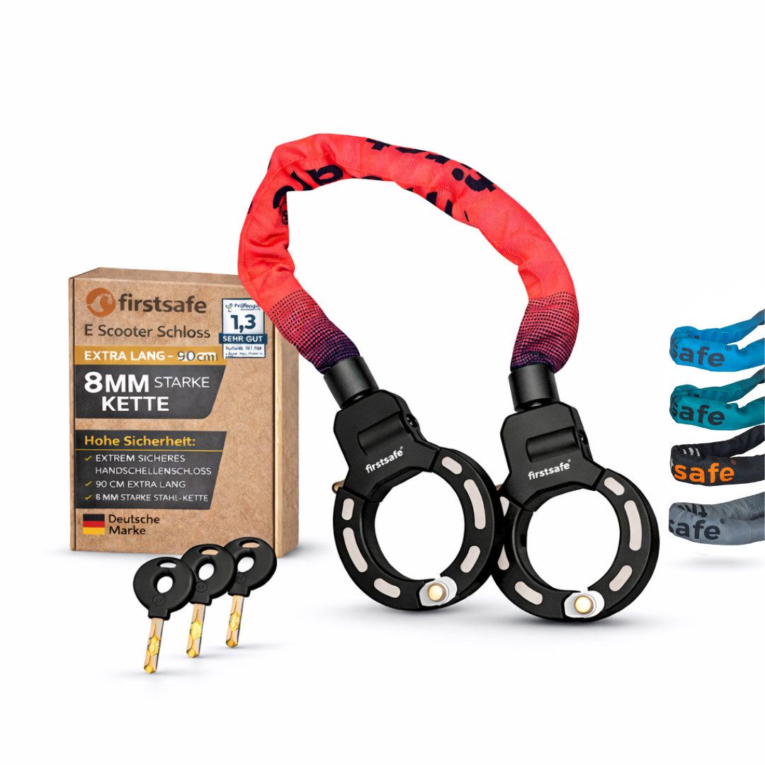 firstsafe Kettenschloss Handschellenschloss für E Scooter Schloss und Fahrrad 90 cm, 360° drehbar, Silikonbeschichtung, 8 mm Stahlkette