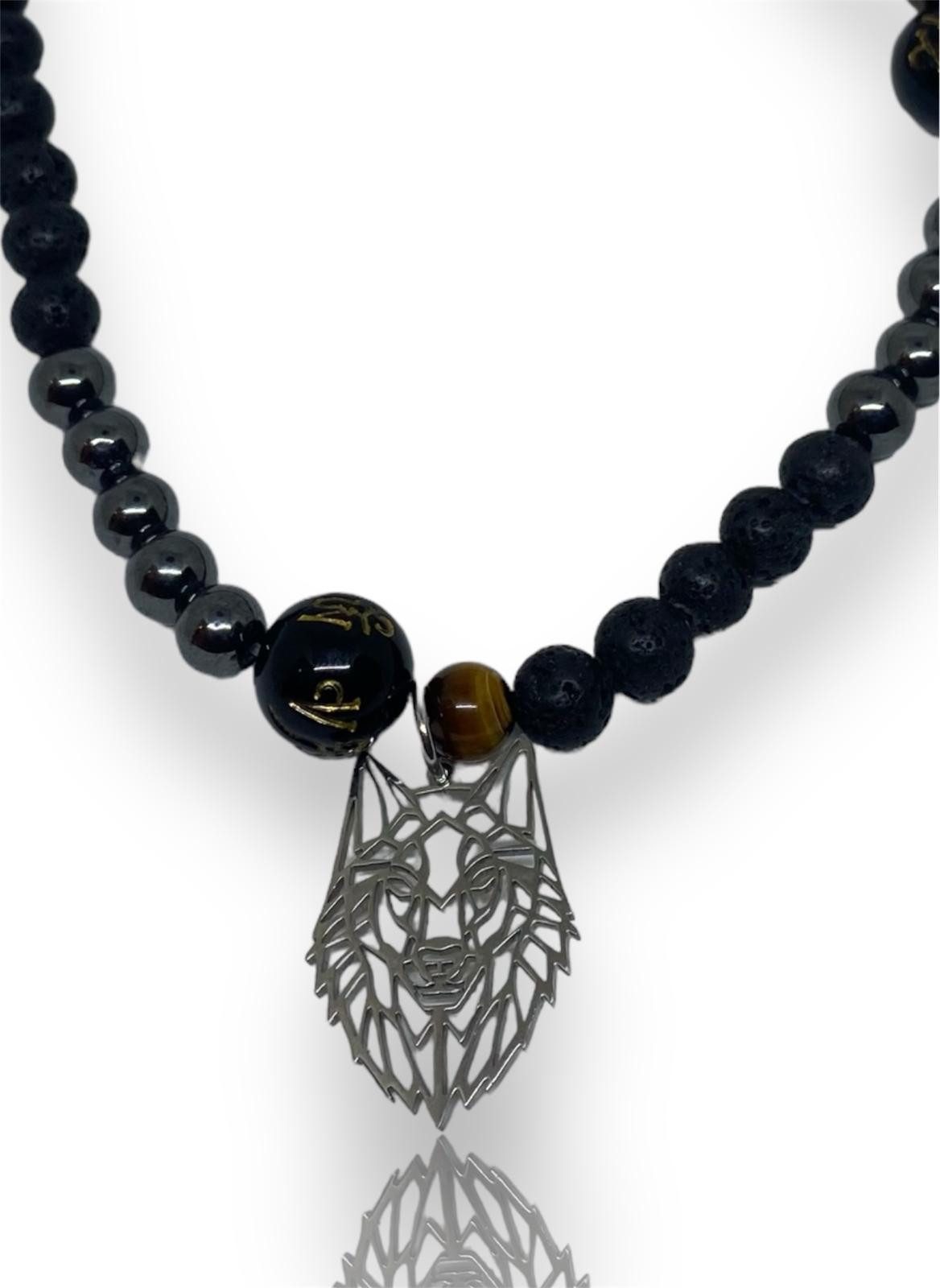 Aaron Bane Perlenkette Lava Hämatit Perlenkette Mala Perlen und Wolfsanhänger Hand Made (1-tlg)