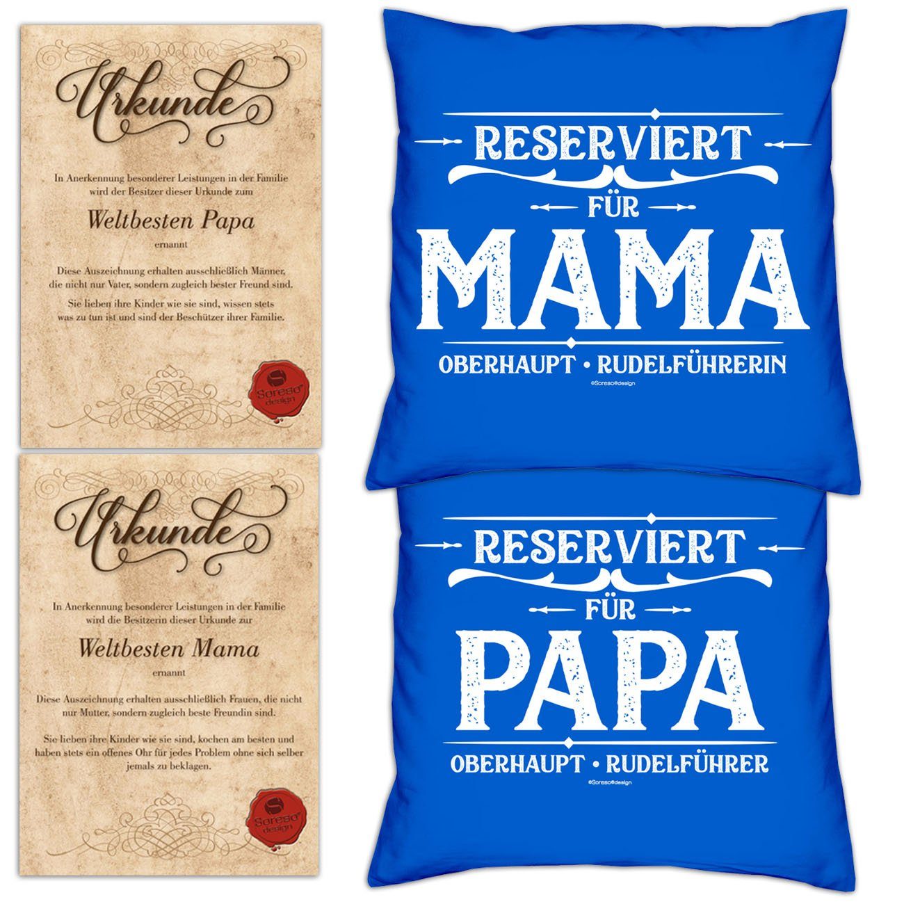 royal-blau Reserviert Geschenk Kissen-Set Urkunden, Weihnachten Soreso® Dekokissen für Eltern für Papa Reserviert mit Mama