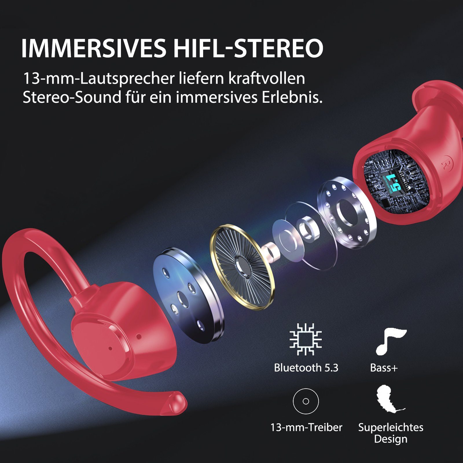 Kabellos HIFI-Stereo, LED-Ladebox, Kopfhorer mit Ohrbügeln Rauschunterdruckung, HD Anruf, Sportkopfhörer, (Immersives ENC In-Ear-Kopfhörer Bluetooth Yuede Bluetooth mit 5.3 Rot Earbuds CVC8.0)