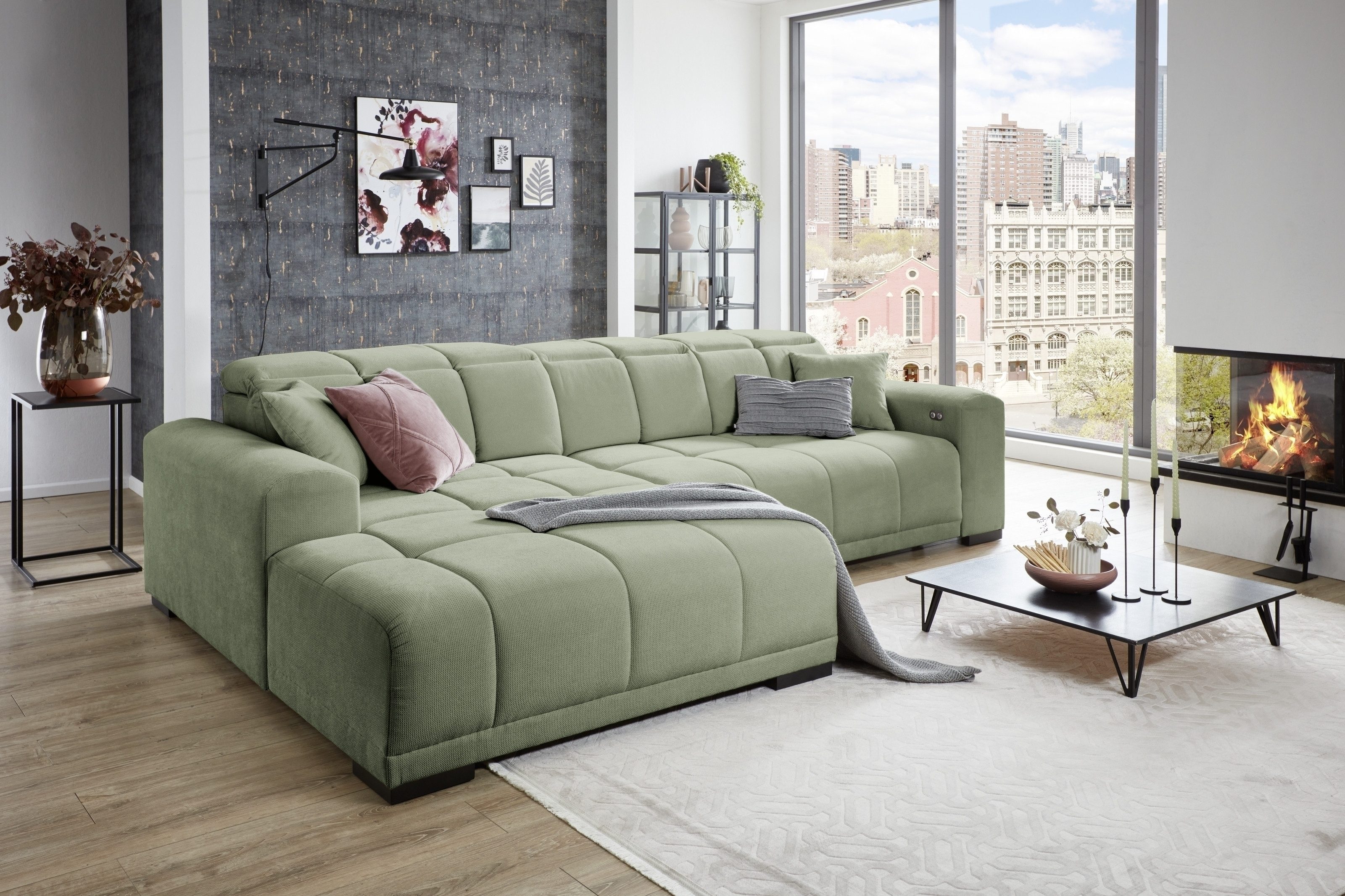 Iwaniccy Wohnlandschaft Kopfteilverstellung, Schutzbeschichtung, grün - 301x113x195cm (BxHxT)