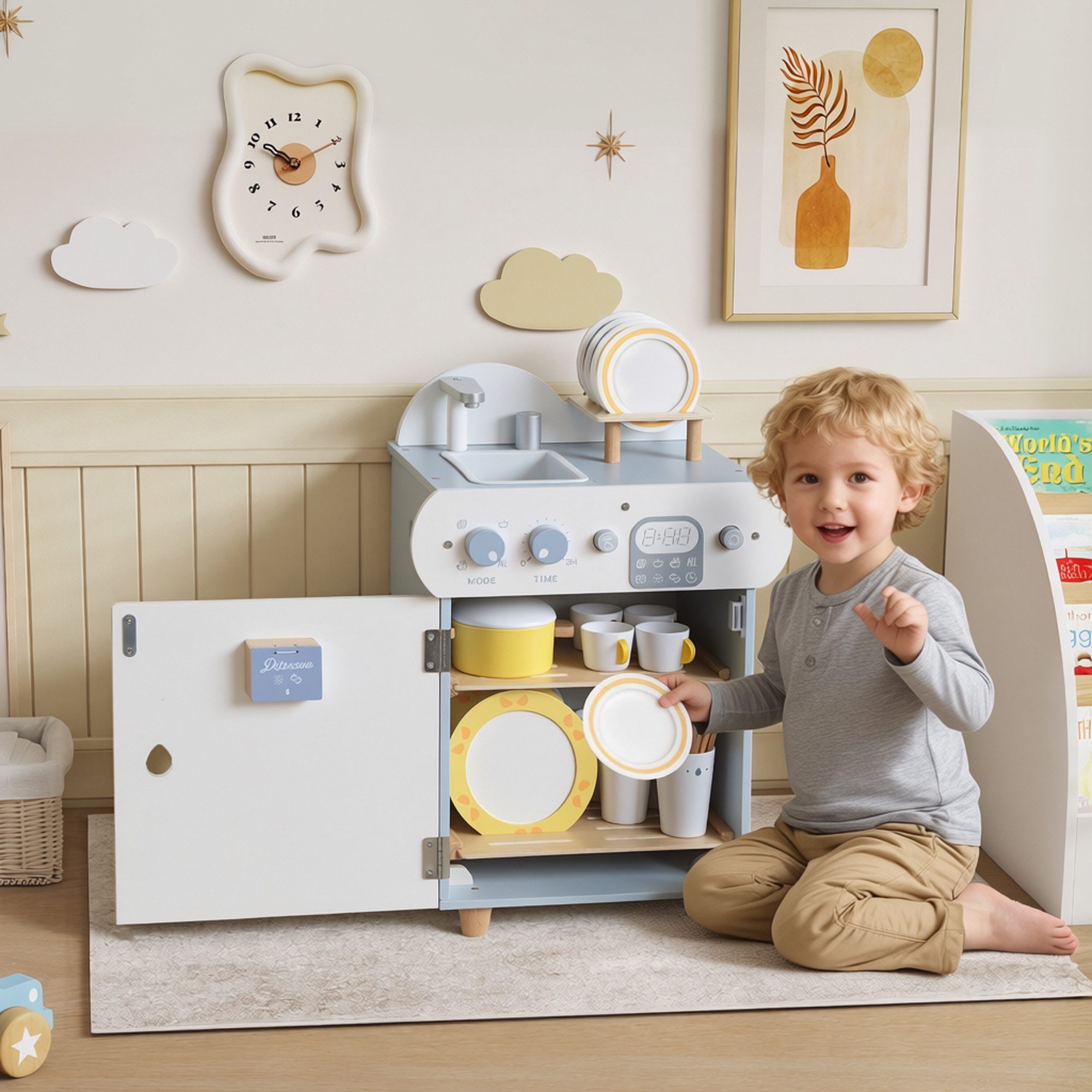 AIYAPLAY Spielküche mit Wasserhahn Spüle und Zubehör MDF, Kiefernholz, Spielzeug für Kinder Geschenk für Mädchen Jungen ab 3 Jahren Hellblau