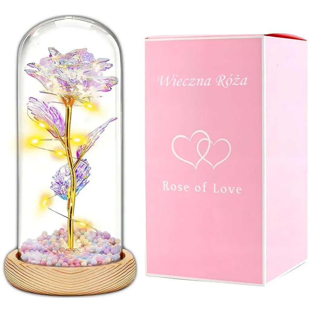 AMORE MIO LED Dekoobjekt LED Rosen Ornament mit Holzsockel und Dekokuppel Geschenk, LED fest integriert, Romantische Forever Rose 22cm hoch batteriebetrieben mit Holz-Sockel