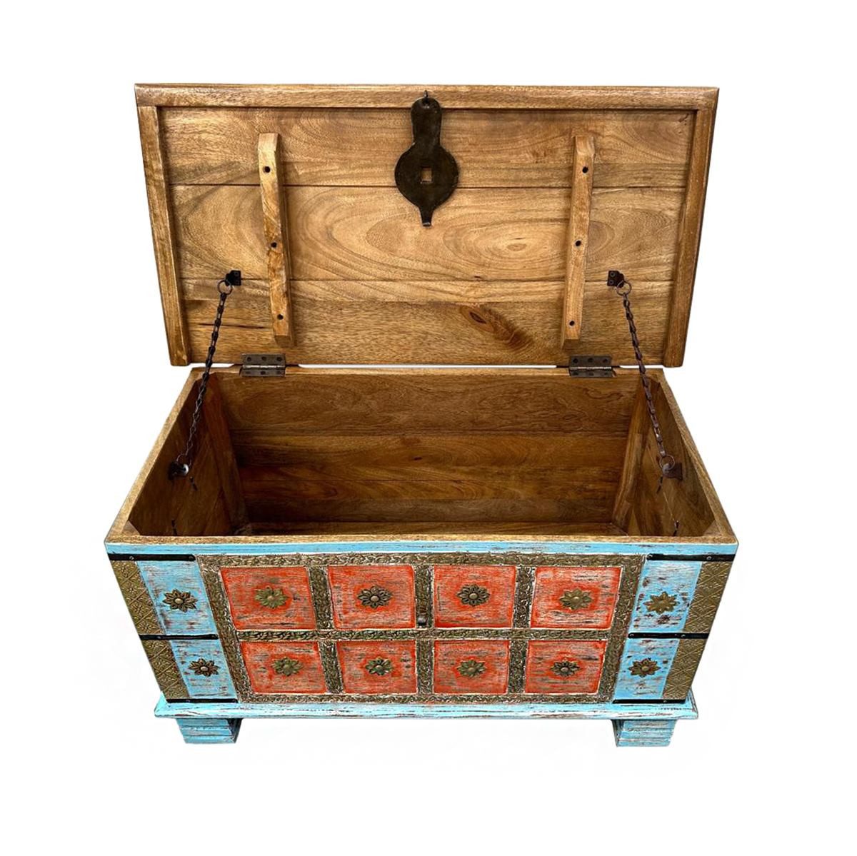 Oriental Galerie Truhe Indische Truhe Türkis Orange 80 cm (1 St), Beistelltisch, Holztruhe, Antik, Wäschetruhe, Möbeltruhe, Holzkiste