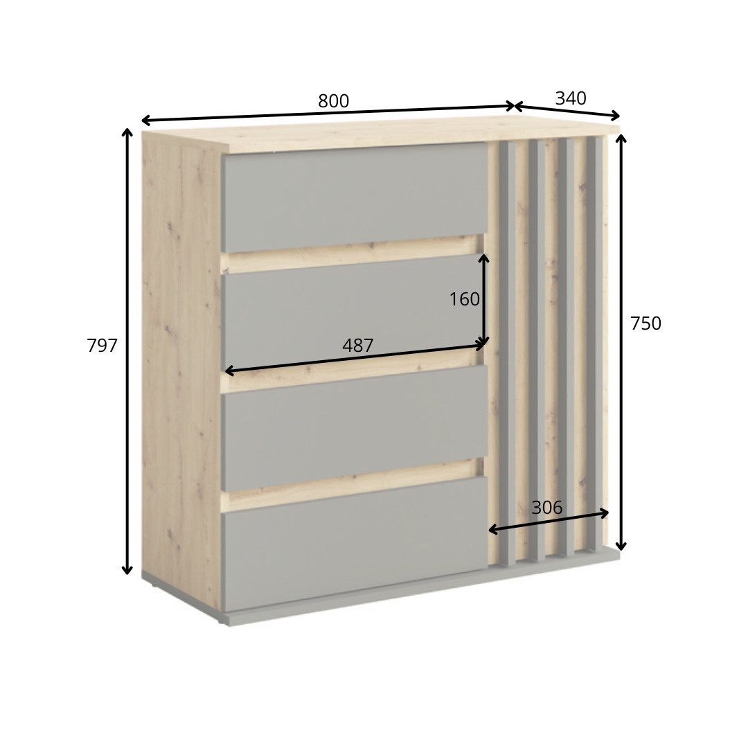 Home affaire Kommode LANDUVA Sideboard mit viel Stauraum, Breite 80 cm, Schrank mit Schubladen und 1 Tür, Lamellen Design