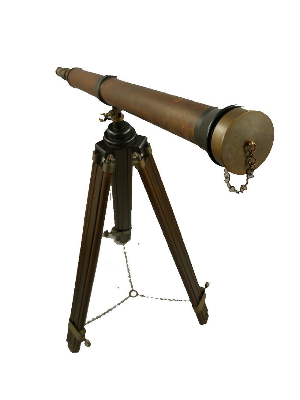 Dekoobjekt Holz mit Tubus, Fernrohr Holz Mono ummanteltes Linoows Stand Stativ Altmessing Okular Teleskop, cm 98x150