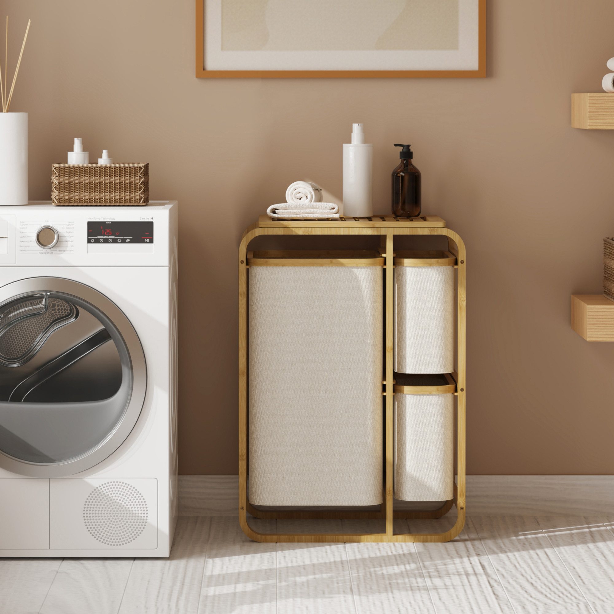 en.casa Wäscheständer, »Evenes« Bambus mit 3 Wäschetaschen Beige