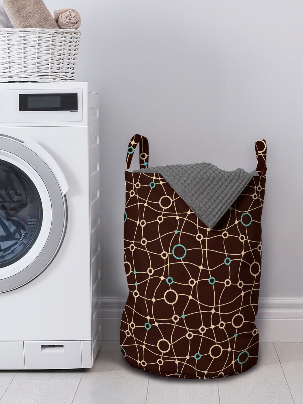 Abakuhaus Wäschesäckchen Wäschekorb mit Brown für Griffen Waschsalons, Kordelzugverschluss Blau und Mesh-Kreise