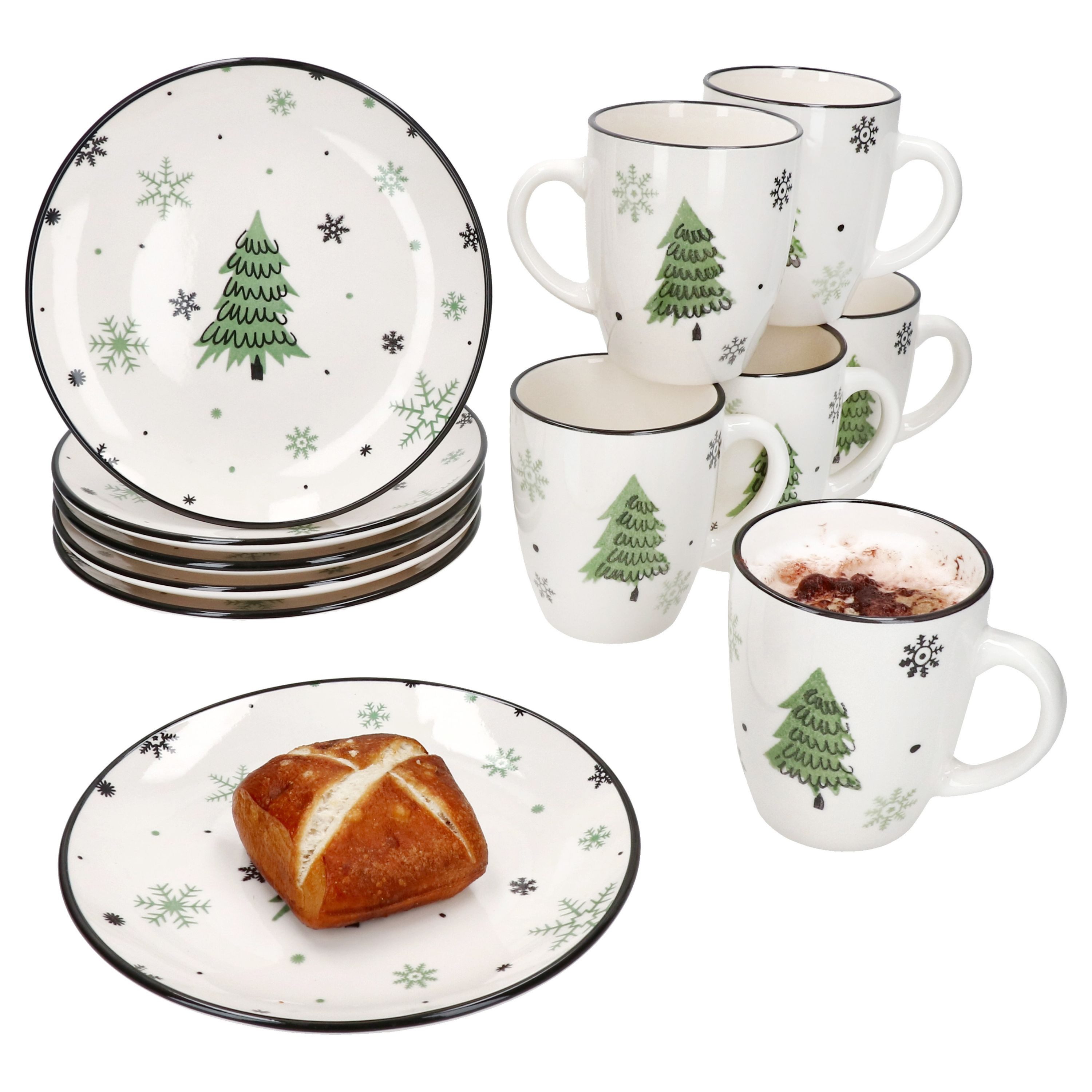 Frühstücks-Geschirrset 12tlg Frühstücksset Weihnachtsbaum Steingut 6 Personen Teller Becher