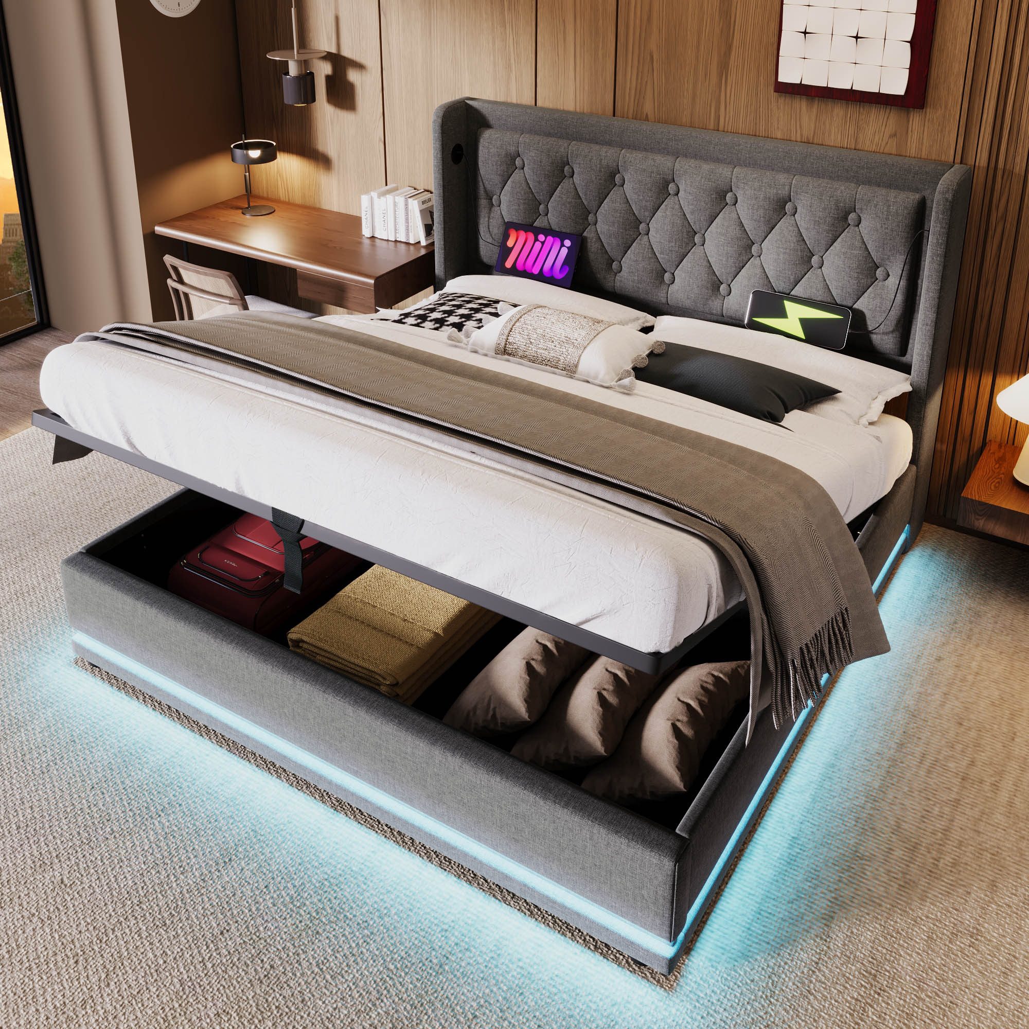 Flieks Polsterbett, LED Hydraulisches Stauraumbett Doppelbett 160x200cm mit günstig online kaufen