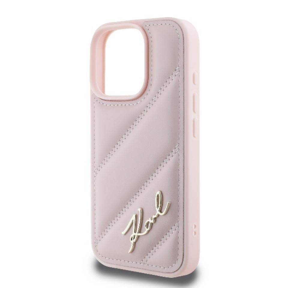 KARL LAGERFELD Handyhülle iPhone 16 Pro Kunstleder rosa Logo goldfarbig 6,3 Zoll, Kantenschutz