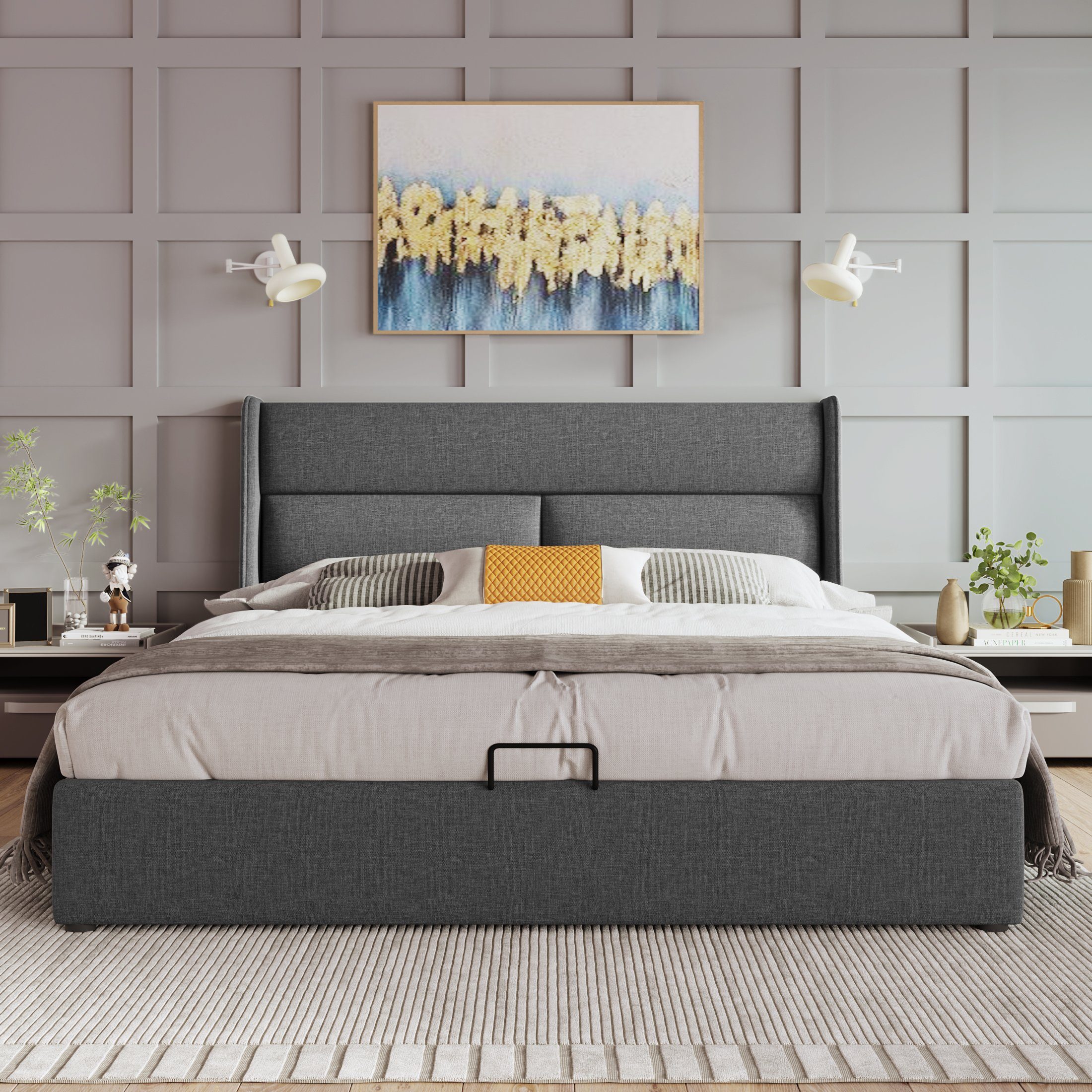 Boxspringbett (Polsterbett mit Verstellbare Kopfstützen, Lattenrost und Bettkasten), Stauraumbett Hydraulisches Bett 140 x 200 cm, Bezug aus Leinen