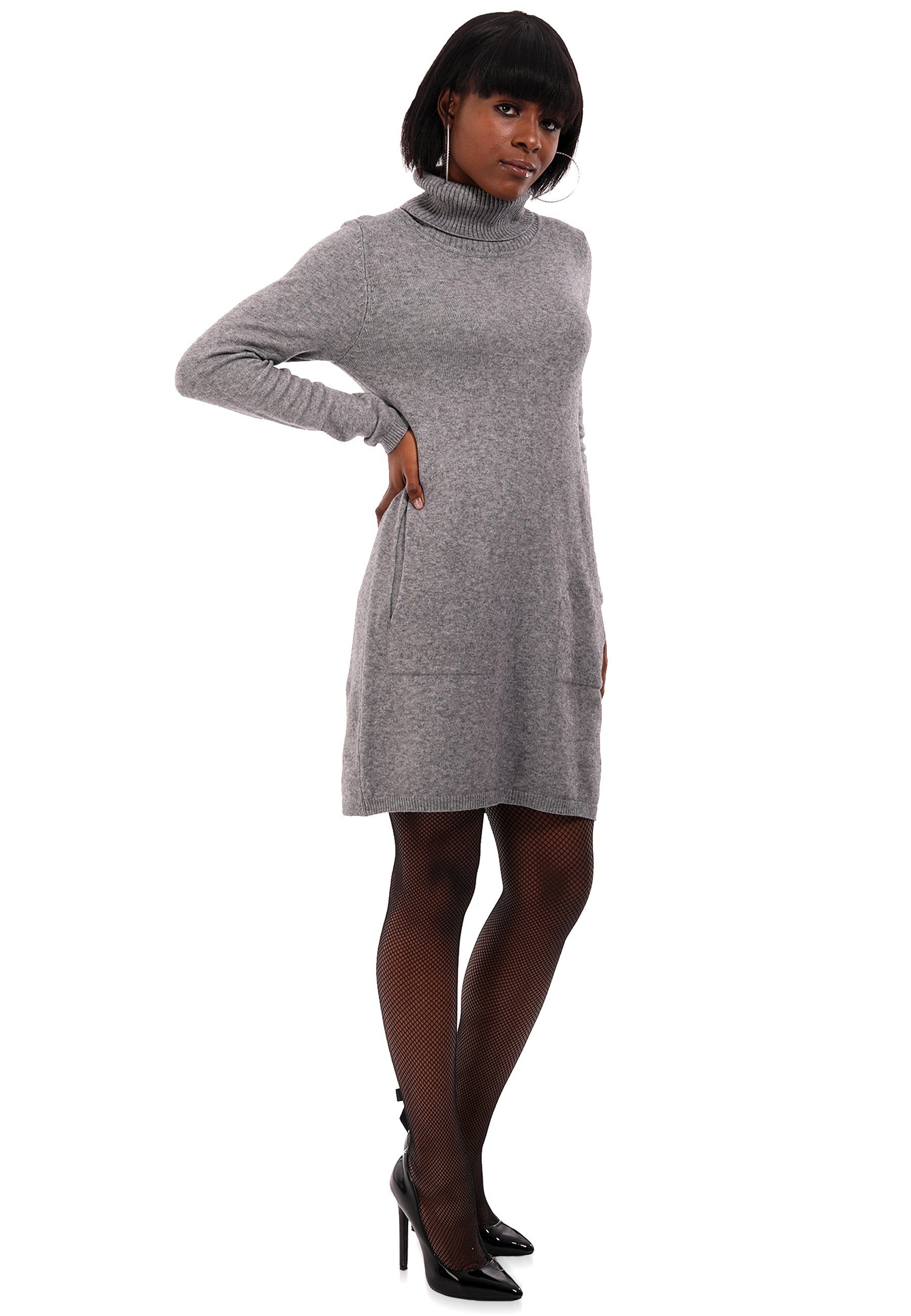 Einschubtaschen und mit Strickkleid in YC Style Fashion (1-tlg) Rollkragen Strickkleid & grau Unifarben Longpullover