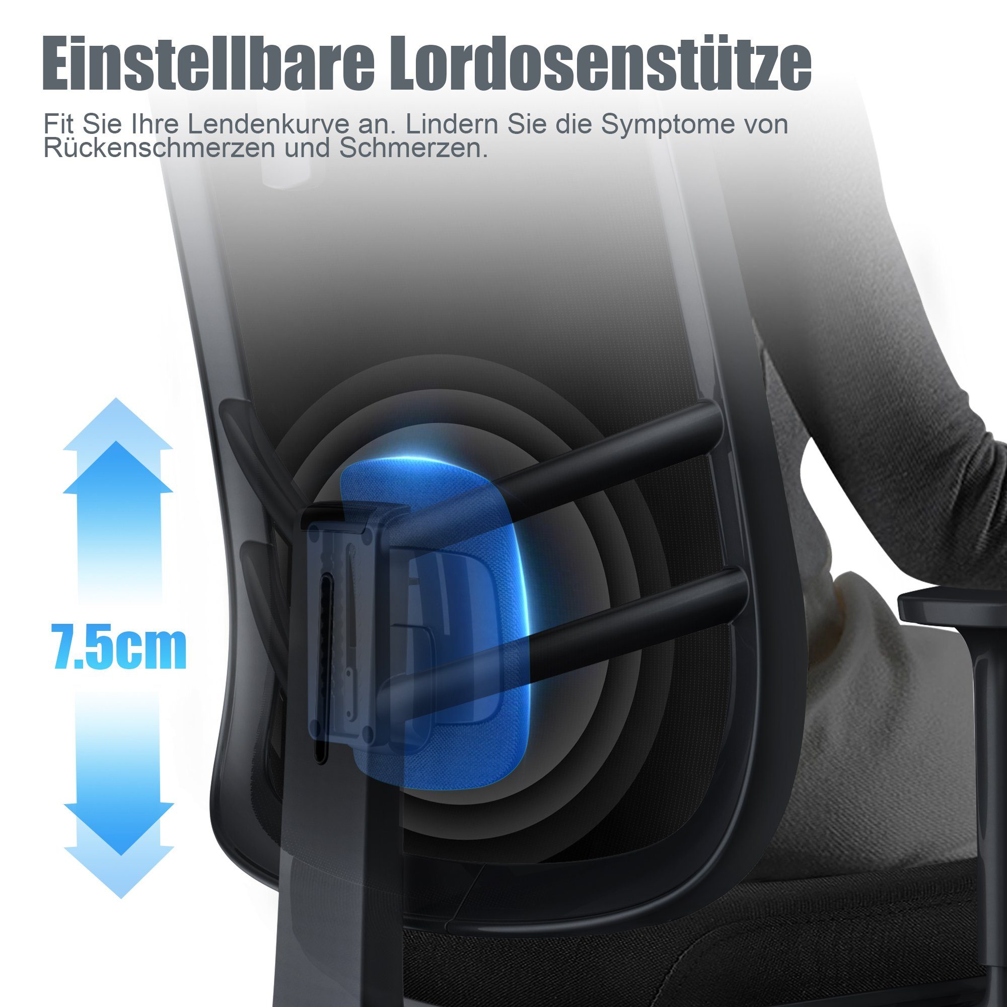 (1 Lordosenstütze, St) Verstellbarer und Kopfstütze Bürostuhl mit ZMH Armlehne Ergonomisch