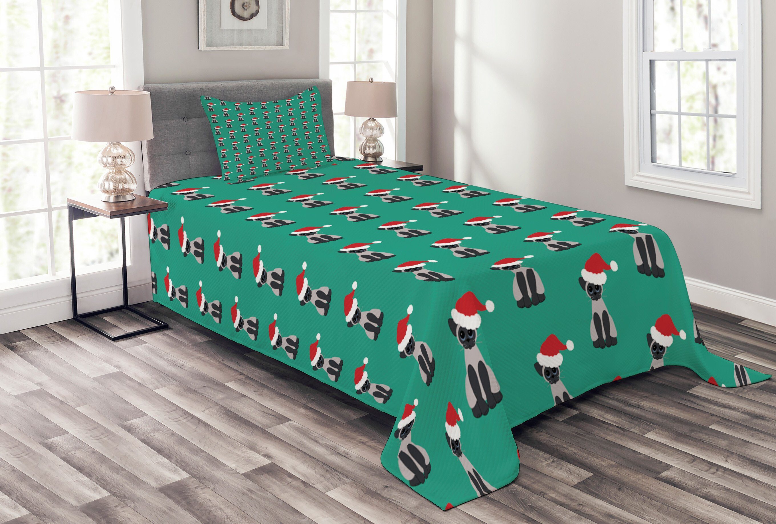 mit Grünes Sankt-Hüte tragen Katzen Kissenbezügen Weihnachten Tagesdecke Set Waschbar, Abakuhaus,