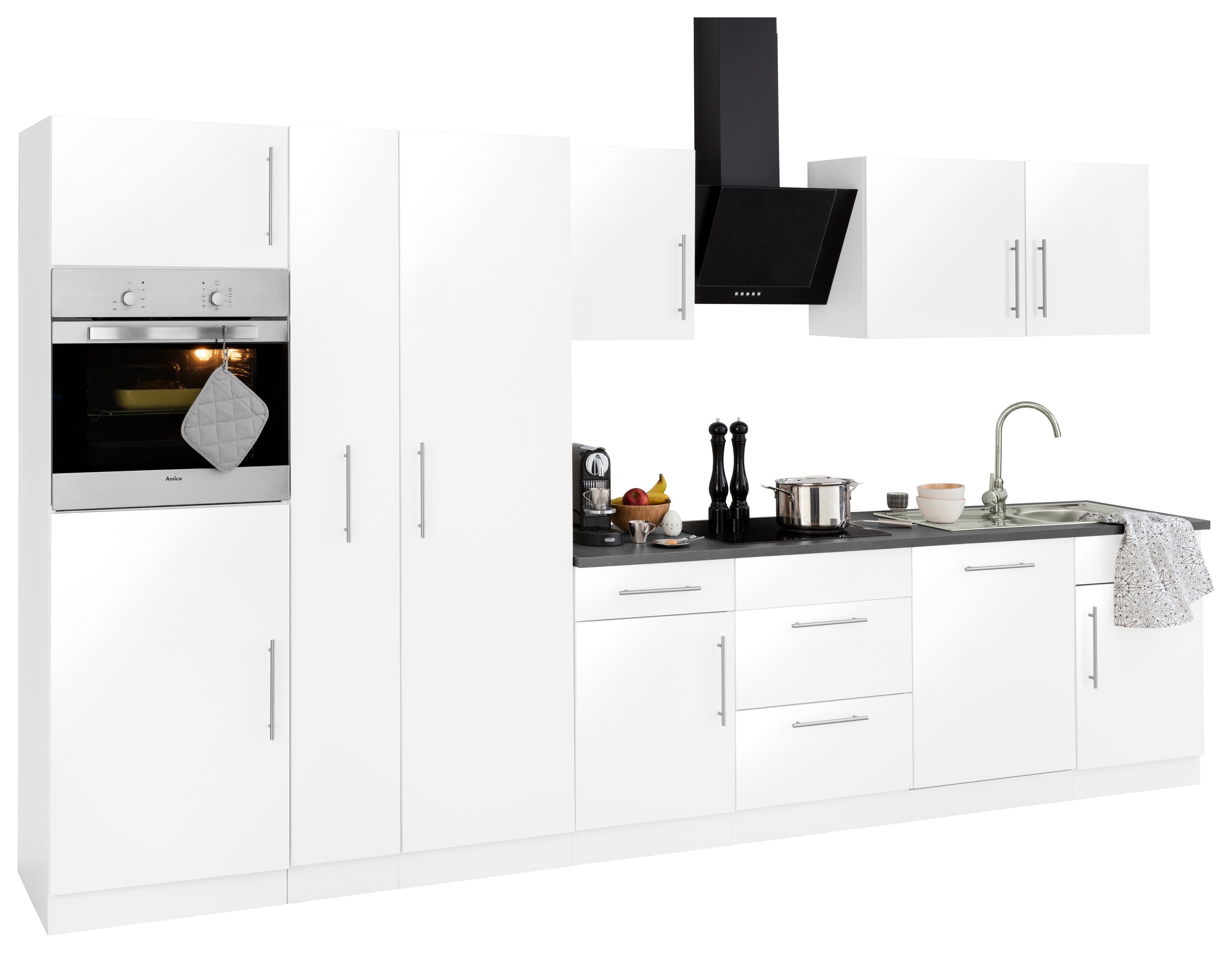 Korpus: Küchen 360 wiho cm Front: Cali, Küchenzeile weiß E-Geräten, mit Breite Weiß mit Granit Weiß, Arbeitsplatte: Metallgriffen | Grau matt Glanz,