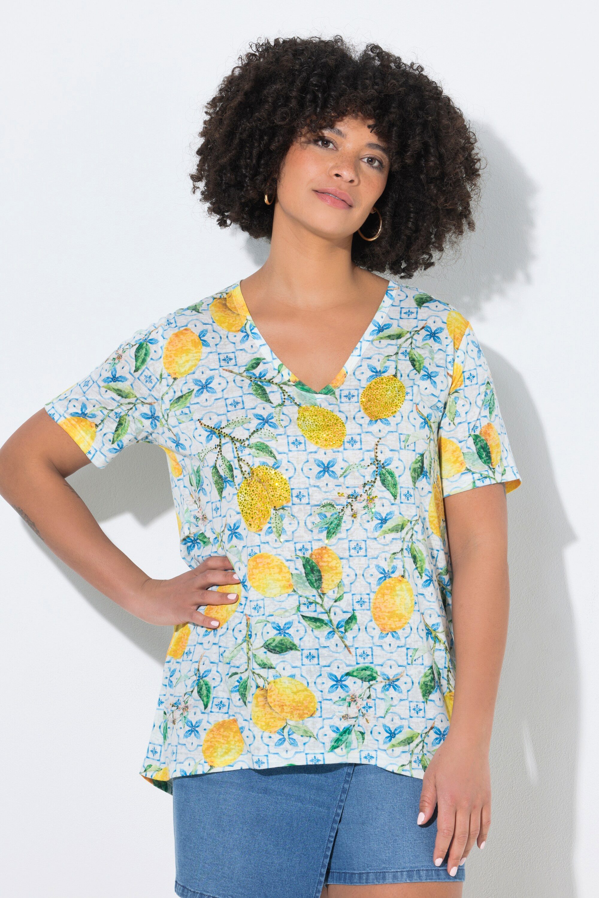 Angel of Style T-Shirt T-Shirt A-Linie Zitronenmuster Halbarm
