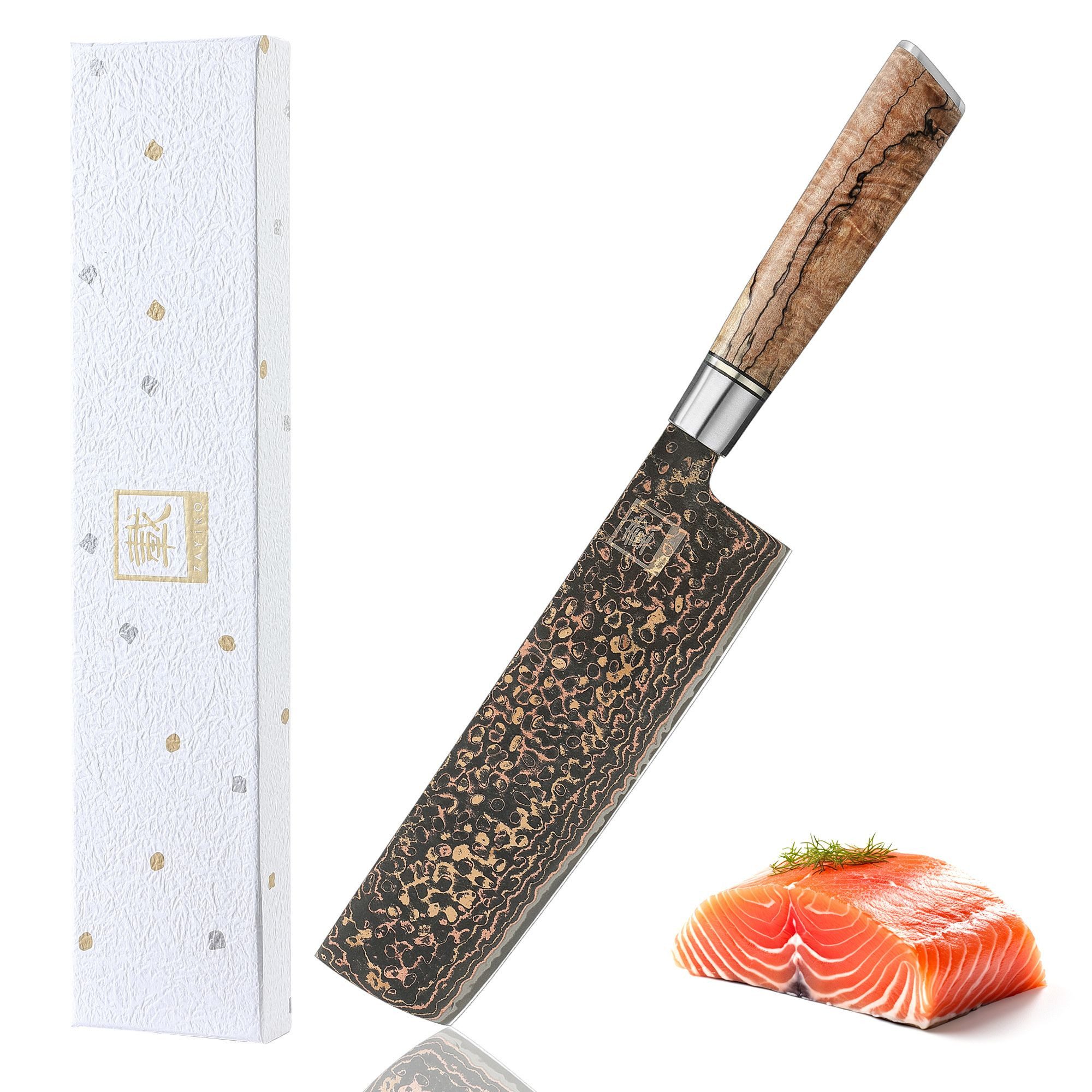 ZAYIKO Asiamesser BlackMagma Damast Nakiri Küchenmesser 18 cm Klinge Kupfer-Bronze, schwarzer Damaststahl, Kupfer-Bronze-Einlage