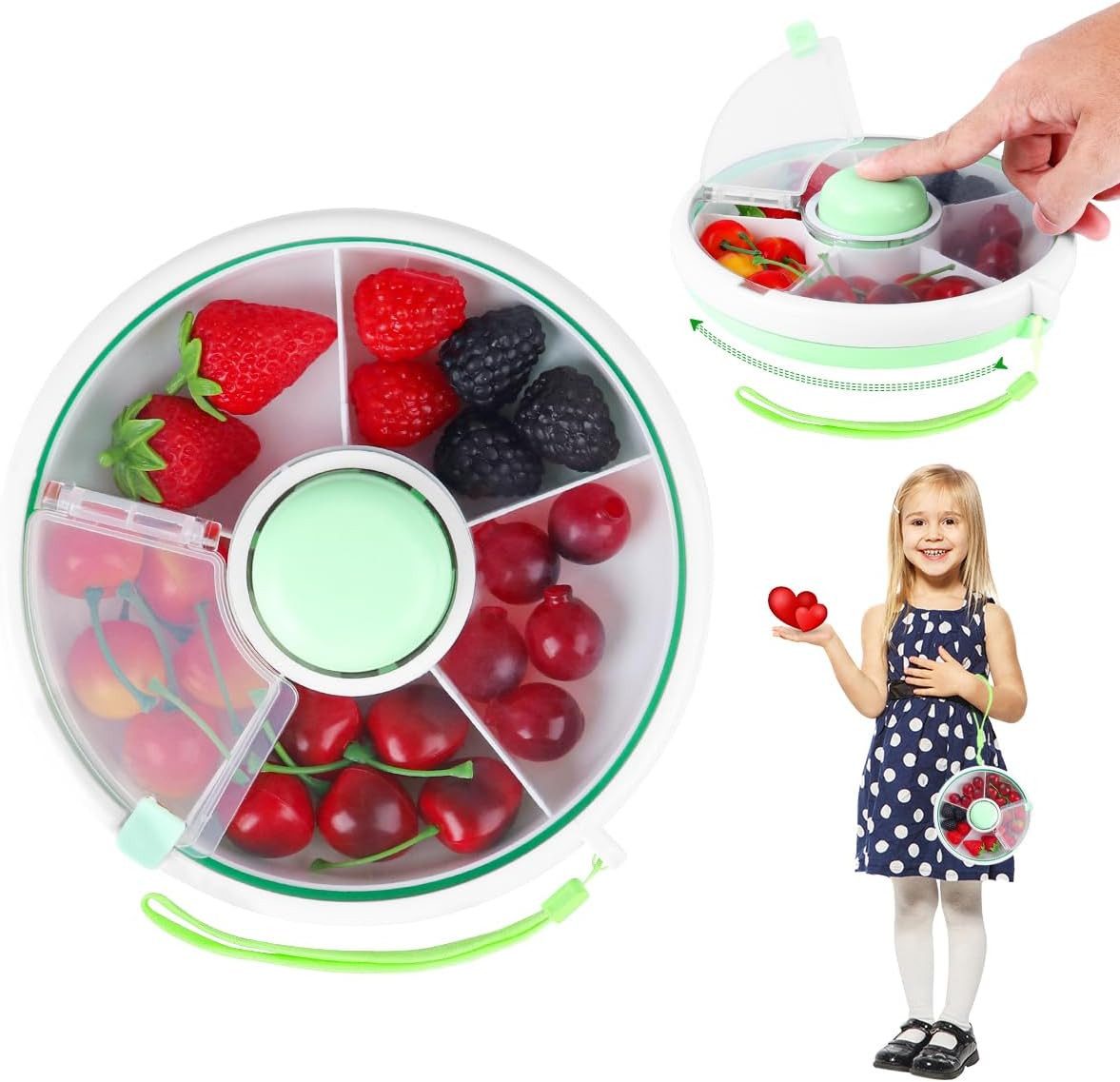 FELIXLEO Frischhaltedose Drehbare Snackbox mit 5 Fächern Snack Spinner mit Deckel Grün