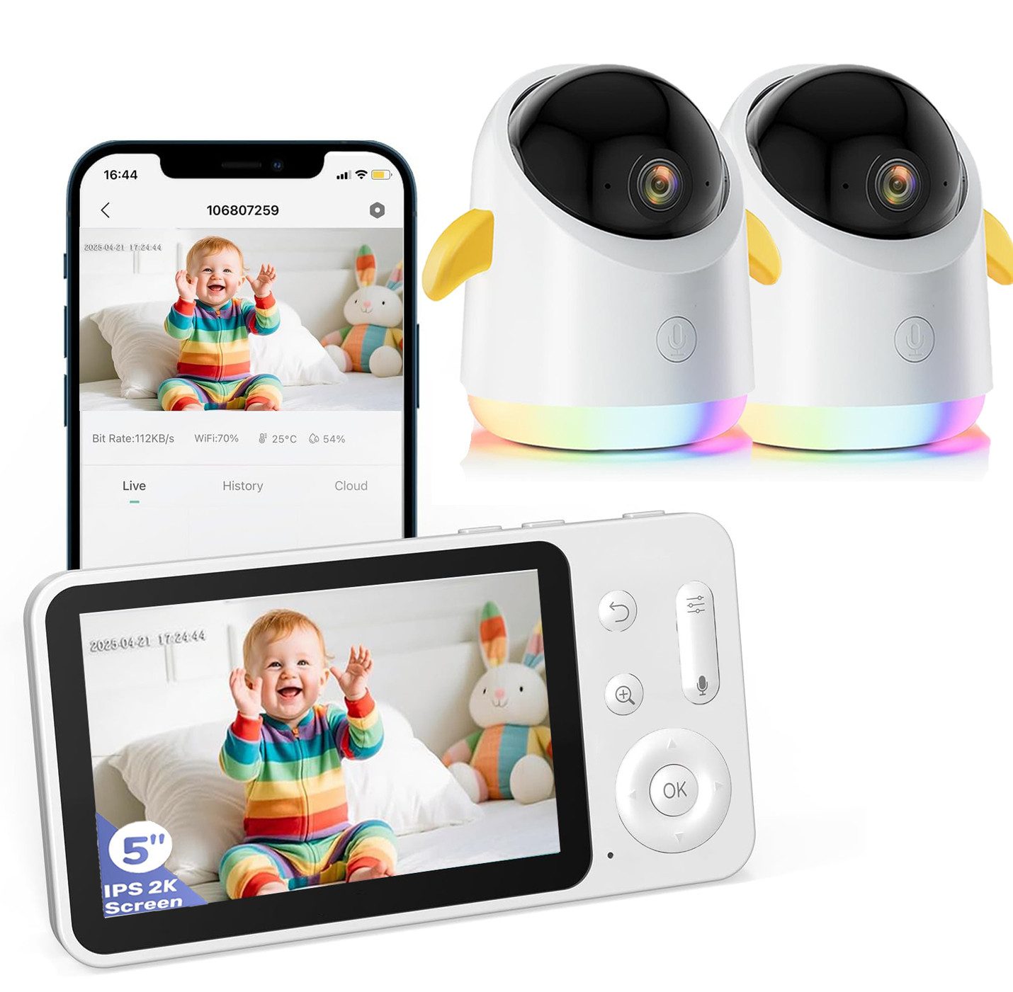 Video-Babyphone 2K Babyphone mit 2 Kameras PTZ 360° WLAN Video Baby Monitor mit App