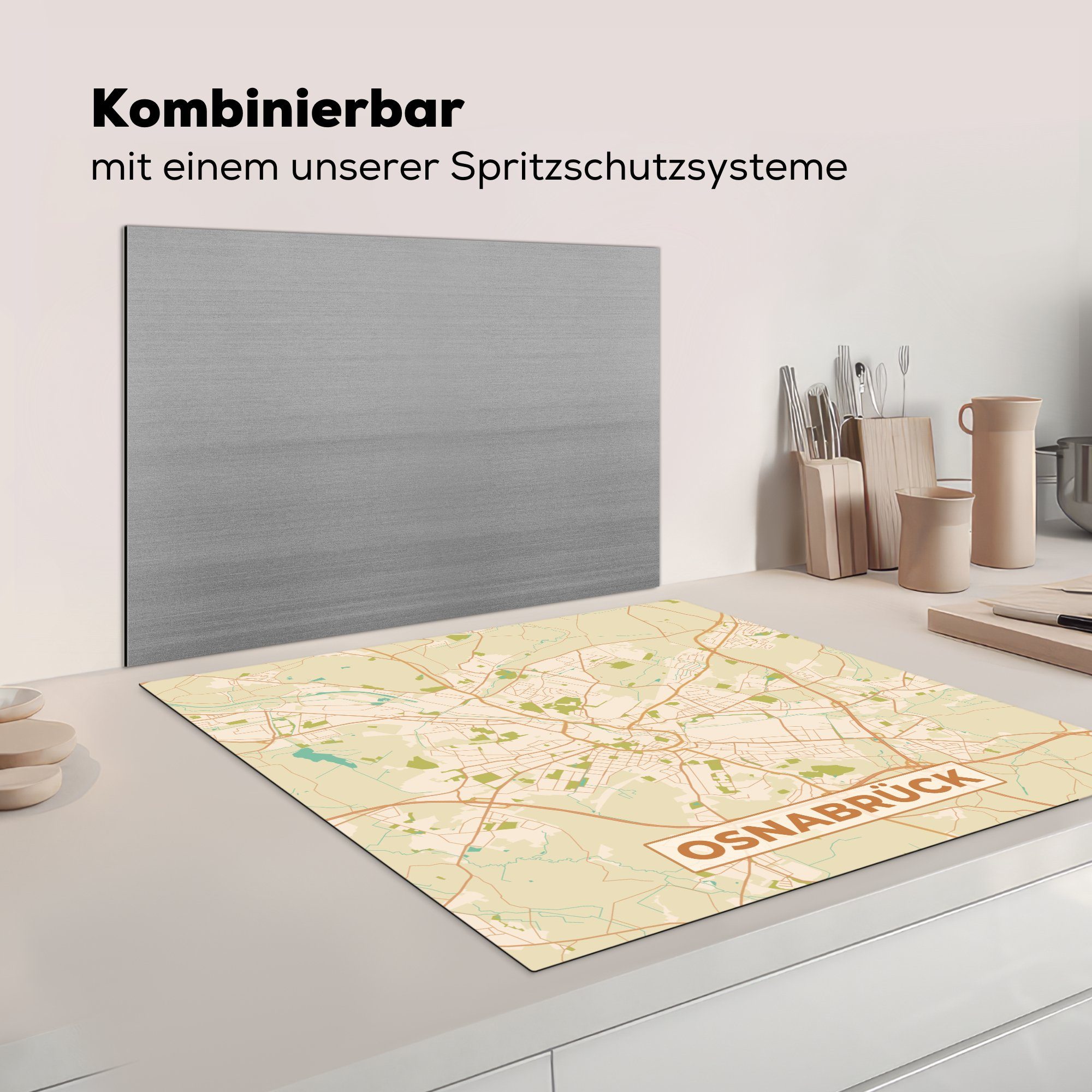 (1 für küche Vintage, MuchoWow Herdblende-/Abdeckplatte - 78x78 - Vinyl, - tlg), Karte Osnabrück Stadtplan Ceranfeldabdeckung, Karte cm, Arbeitsplatte -