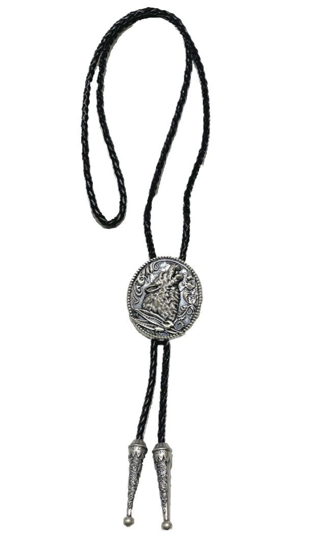 Westernlifestyle Krawatte Heulender Wolf versilbert Federn Bolo Tie Westernkrawatte
