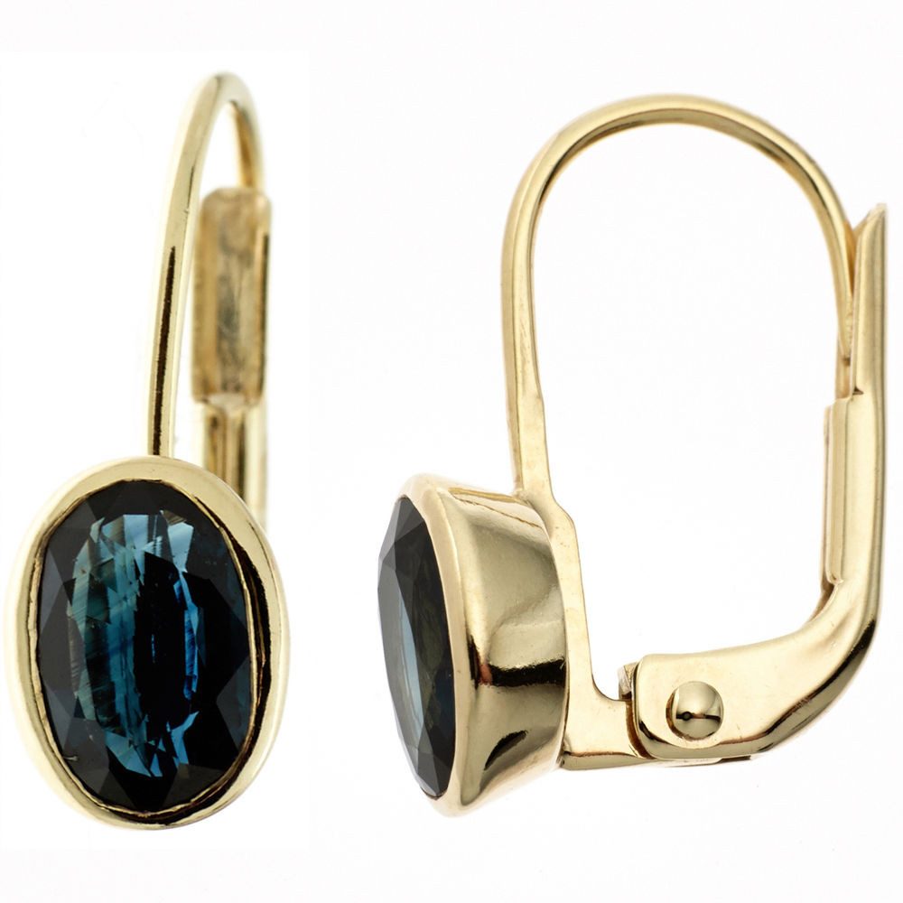 Schmuck Krone Paar Ohrhänger Ohrhänger Saphir blau oval 333 Gelbgold, Gold 333