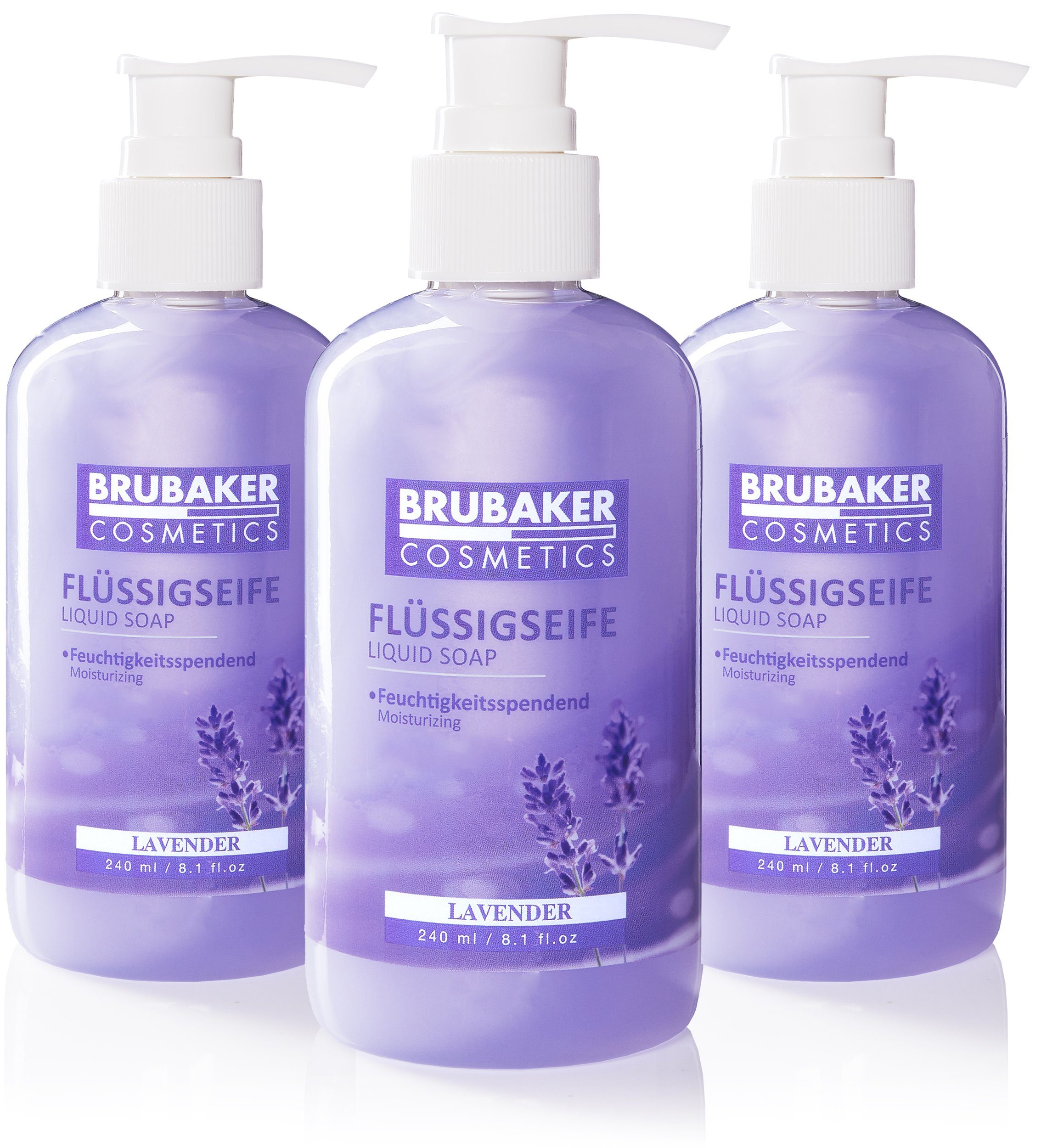 BRUBAKER Handseife Flüssigseife mit Lavendel Duft, 3-tlg., feuchtigkeitsspendend, Seife flüssig im praktischen Spender