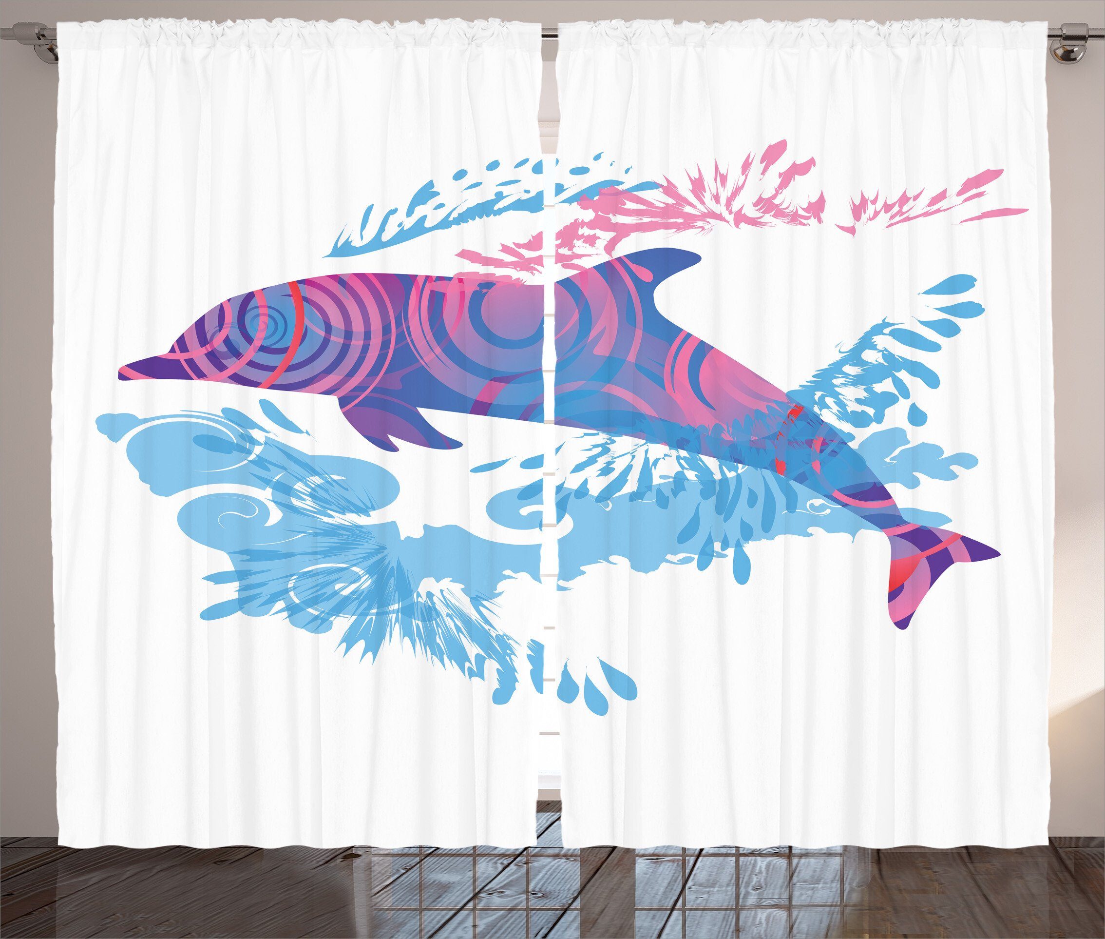 Gardine Schlafzimmer Kräuselband Vorhang mit Schlaufen und Haken, Abakuhaus, Tier Cartoon Jumping Dolphin