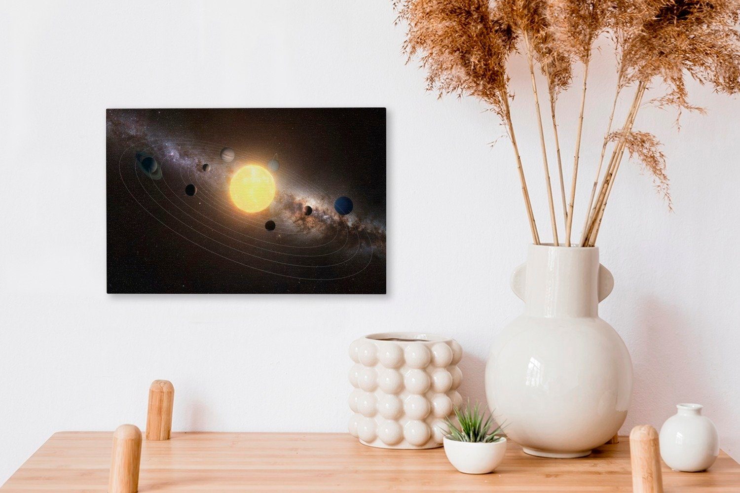 Aufhängefertig, OneMillionCanvasses® Illustration Wanddeko, Zentrum, Leinwandbilder, (1 Leinwandbild der des Wandbild im cm Eine Sonne Sonnensystems mit St), 30x20