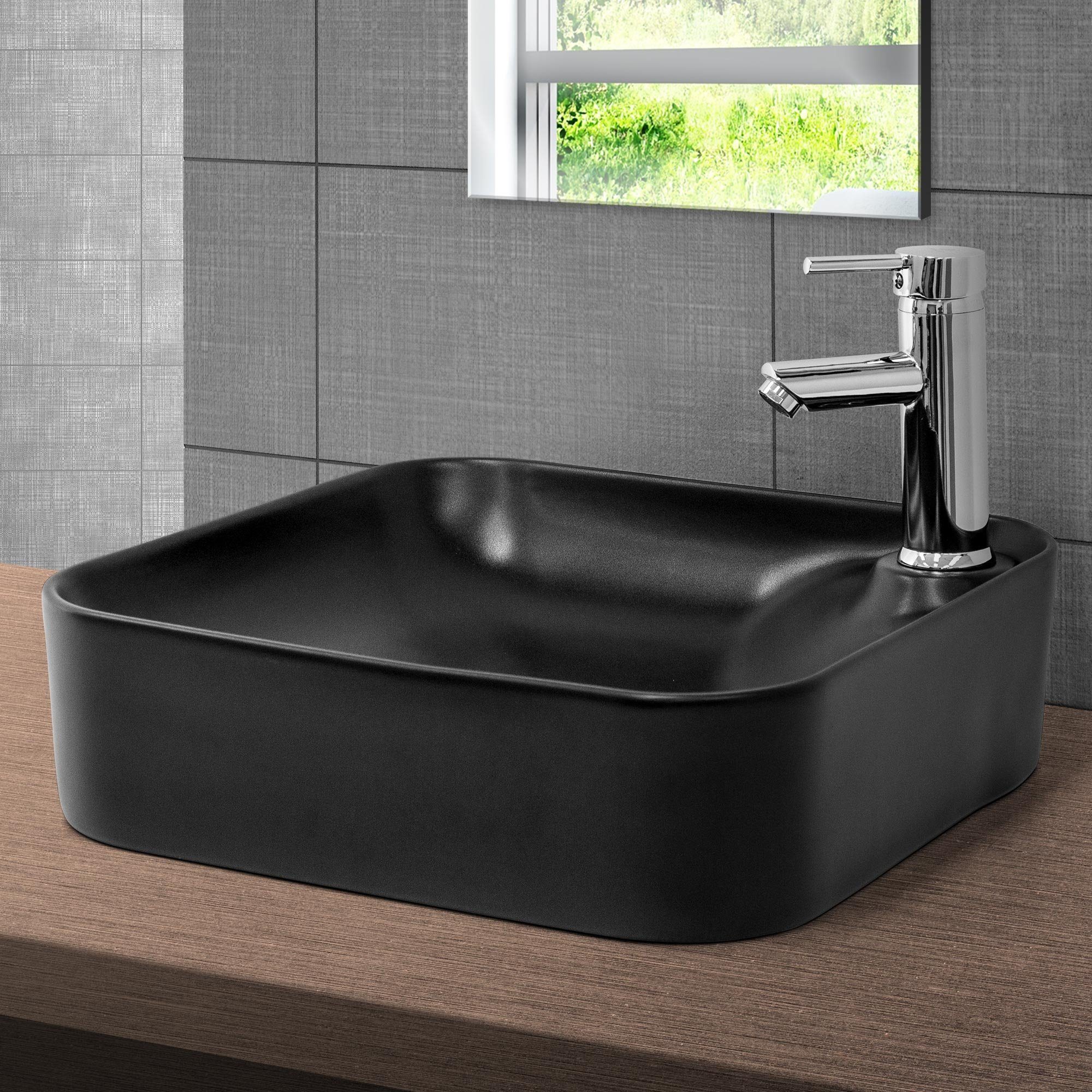 LuxeBath Waschbecken Aufsatzwaschbecken aus Keramik für Badezimmer/Gäste-WC, Handwaschbecken Eckig 430x430x120 cm Schwarz