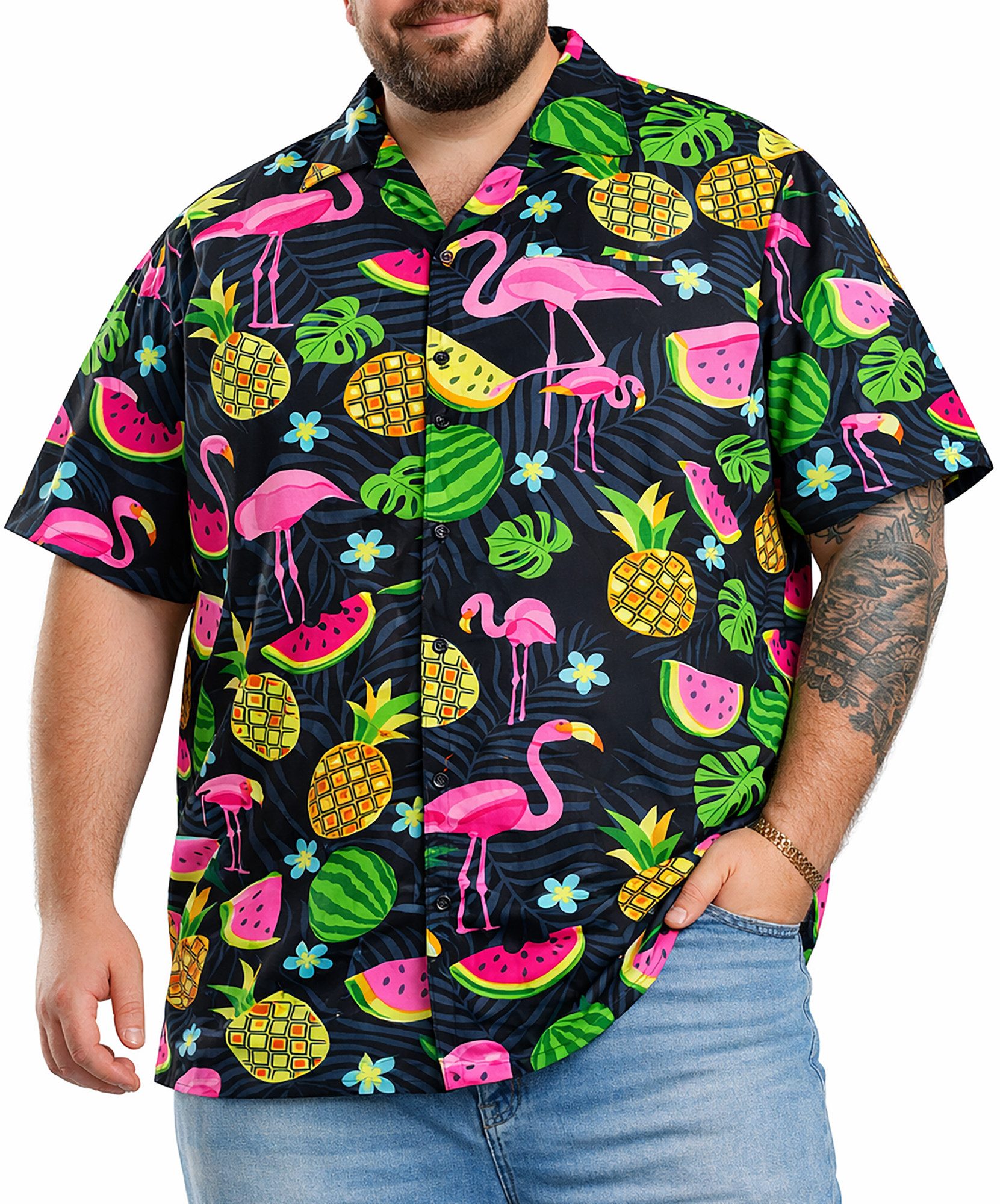 King Kameha Hawaiihemd Flamingo Melone Übergrößen 7XL-12XL Sommerhemd Kurzarm Front-Tasche