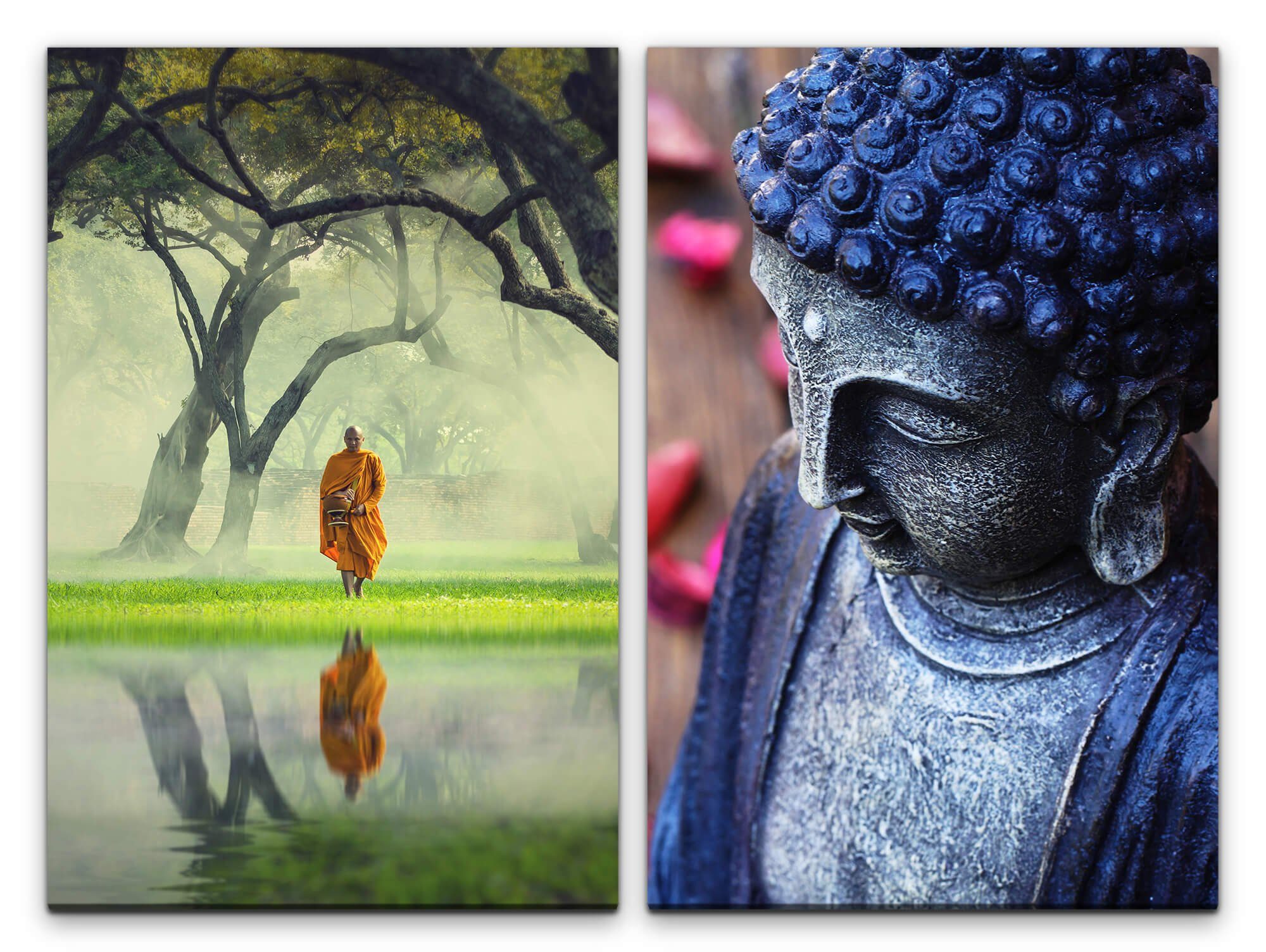 Sinus Art Leinwandbild 2 Bilder je 60x90cm Buddha Mönch Natur Meditation Achtsamkeit Entspannend Beruhigend