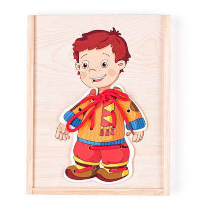 Woodyland Lernspielzeug Holzfädelspiel / Anziehspiel "Junge mit Kleidung", 10 teilig. Holzbox, Fädelspiel in einer Box