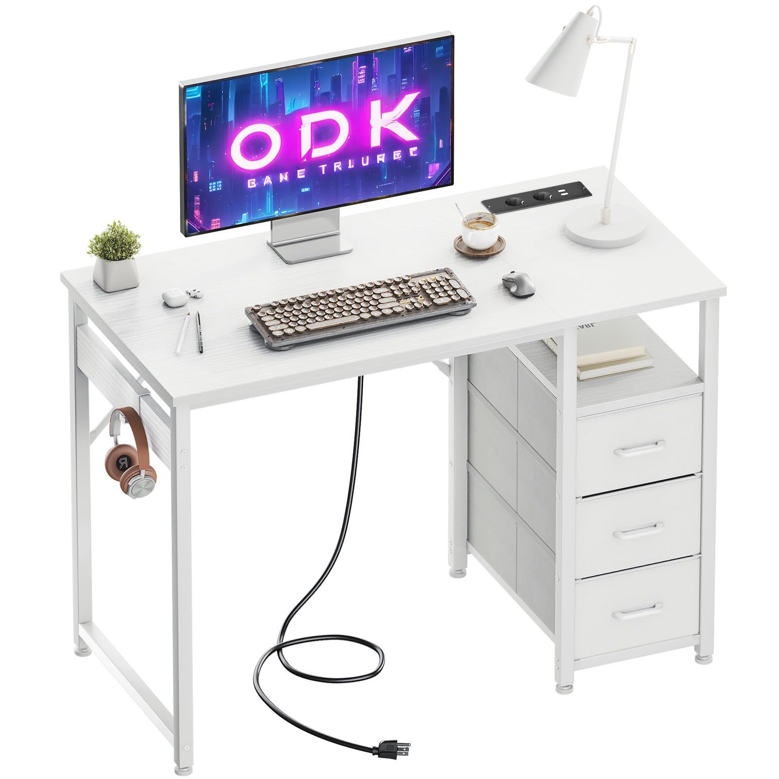 ODK Schreibtisch mit 3 Schubladen, Steckdosen & USB-Ladeanschlüssen (1-St), Kleiner Computertisch 100x45 cm