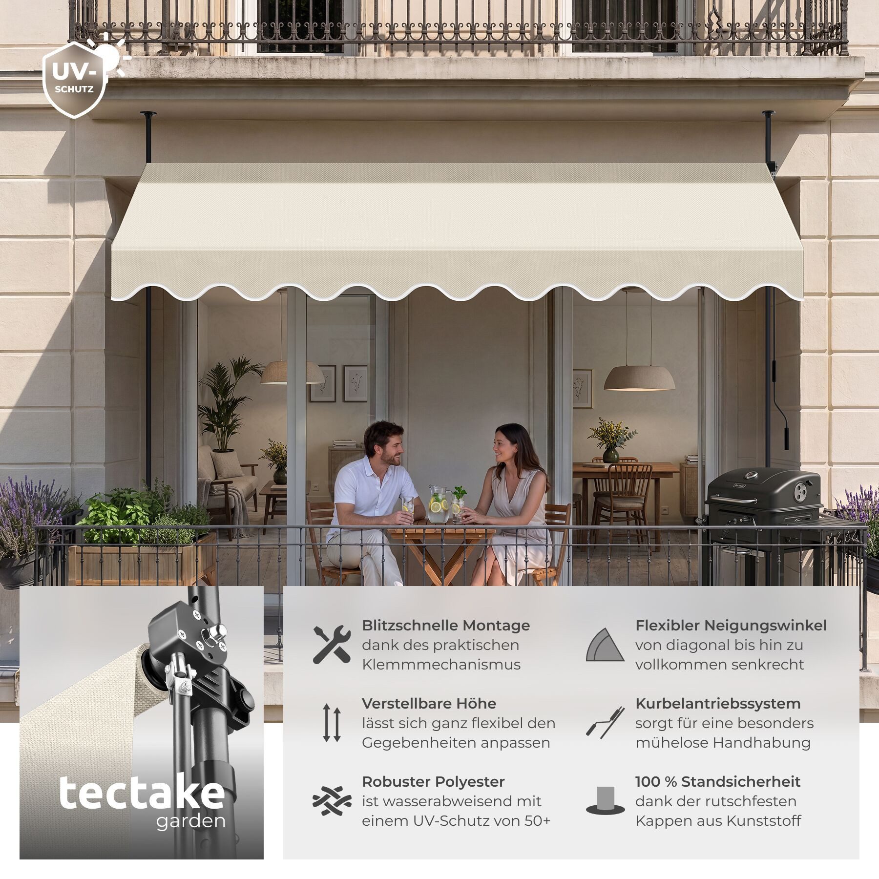 tectake Klemm-Senkrechtmarkise Klemmmarkise mit Handkurbel und bis 90° neigbar, UV-beständig (Sichtschutz/Sonnenschutz, Balkonmarkise für Terrasse und Garten, in beige mit UV-Schutz 50) 180 x 350 x 304 cm, höhenverstellbar 211 - 304 cm, wasserabweisend