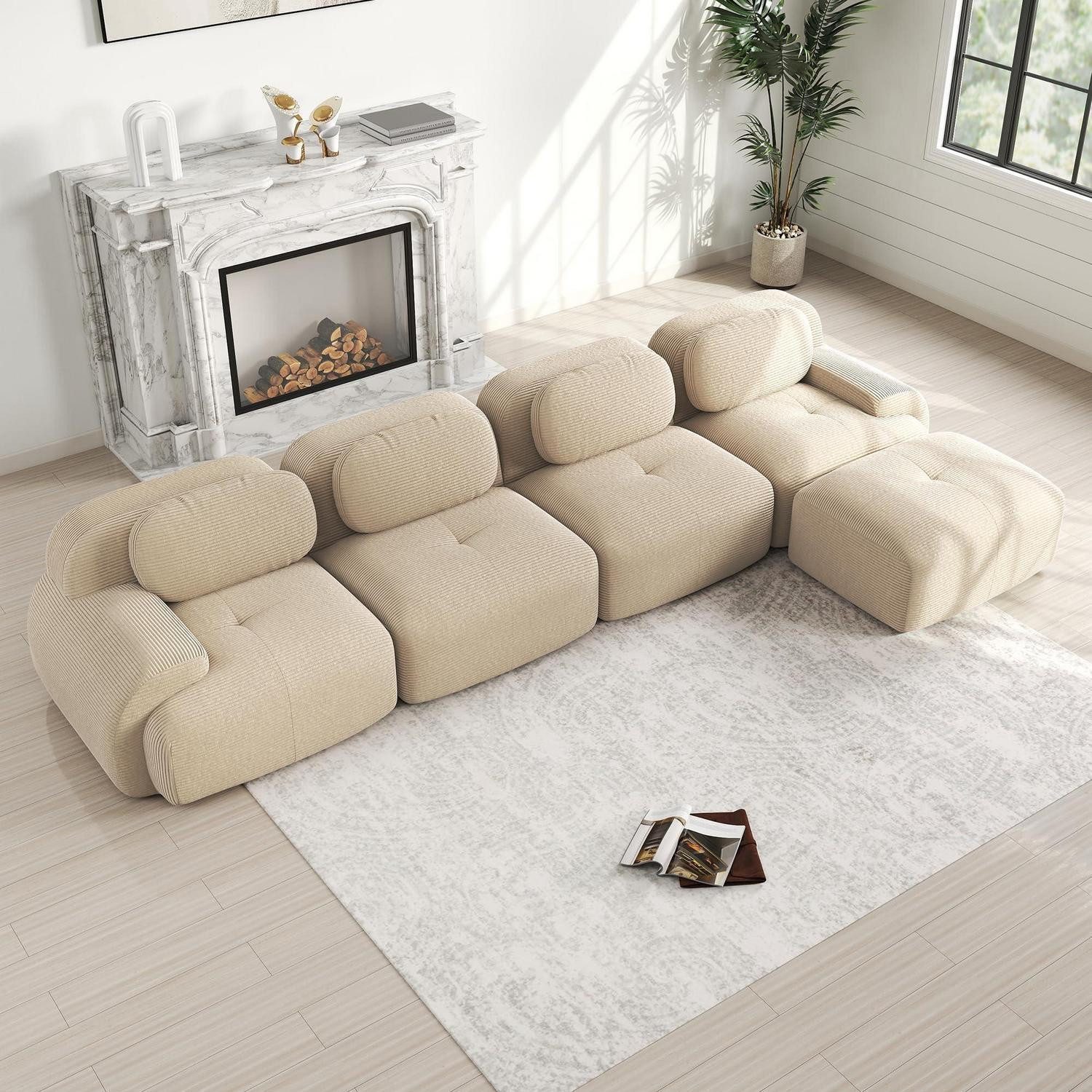 LuxusKollektion 4-Sitzer Sofa Cordstoff modular kombinierbar Beige 4 Sitze 1 Ottomane