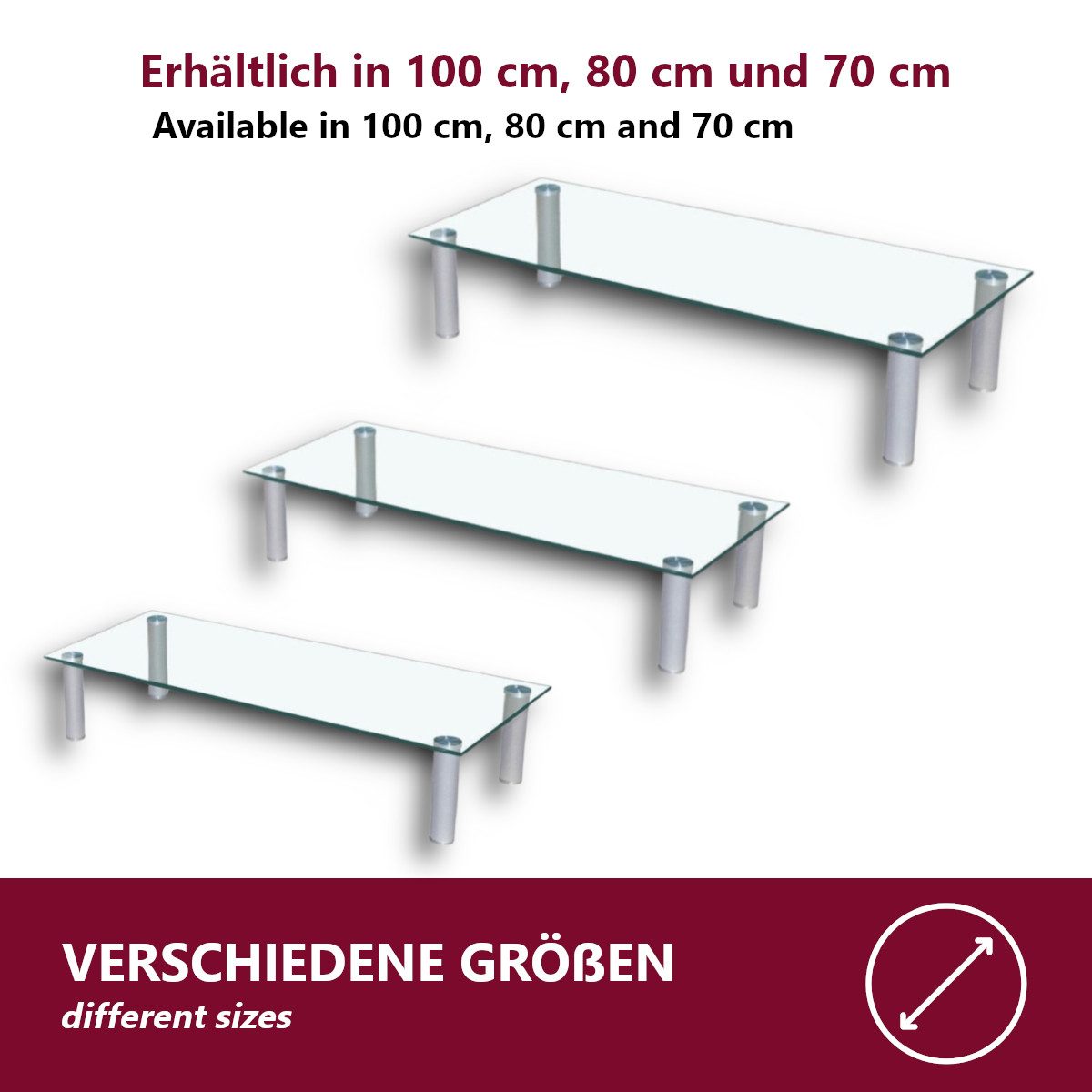 HOOZ TV-Aufsatz Klarglas mit Aluminiumfüßen - Ablage und Platzerweiterung 100x35cm, (modern, 1-St., mit Aufbauanleitung), aus Sicherheitsglas – Bild 4 von 5