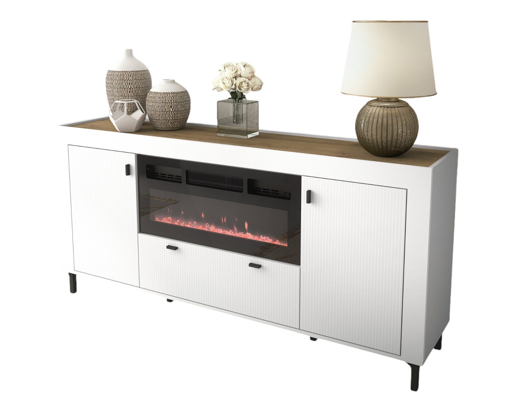 Compleo Kommode gerillte Kommode mit elektrischem Kamin TRENDS, Modern Wohnzimmer