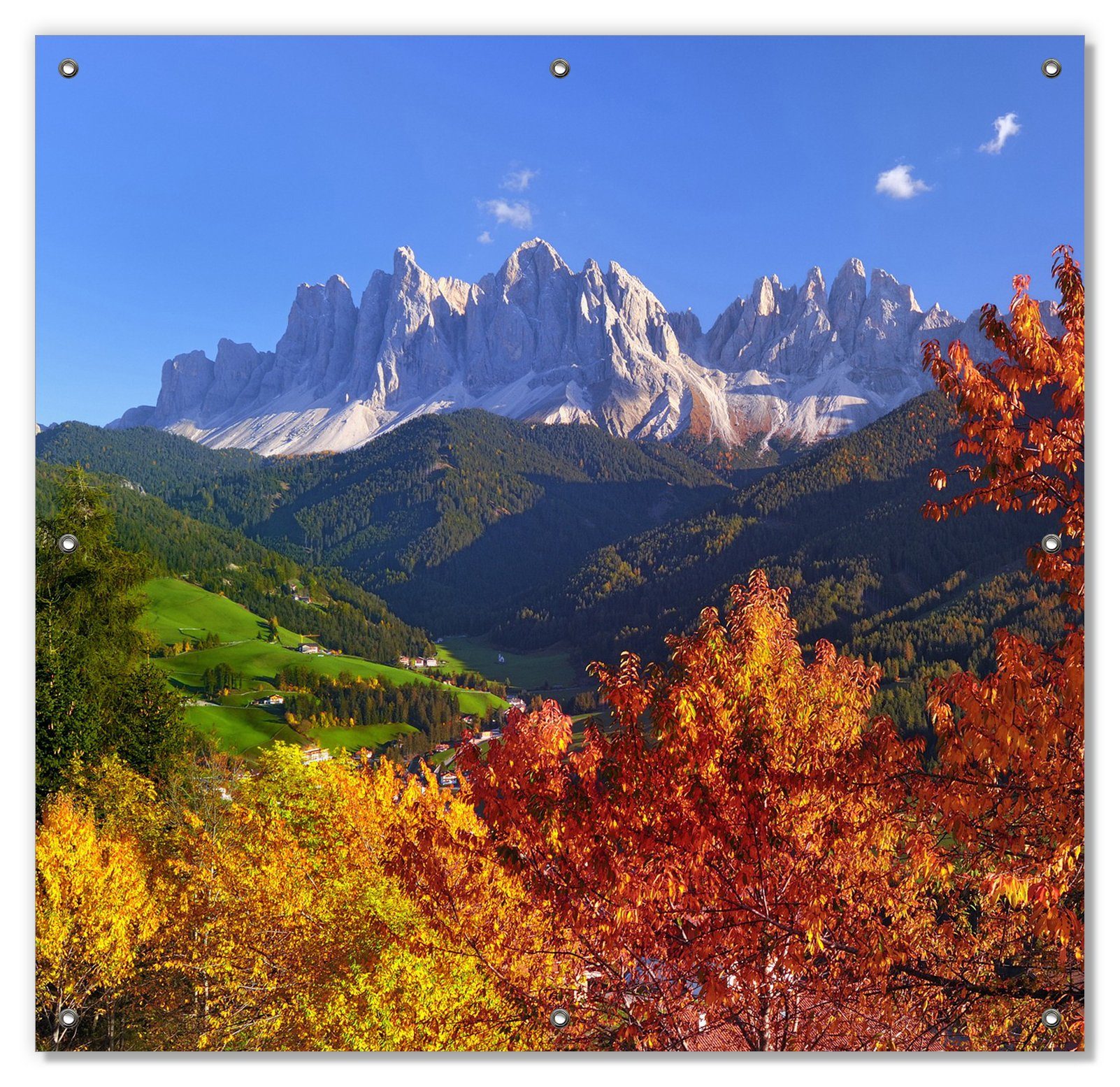 Sonnenschutz Herbst im Gebirgstal unter blauem Himmel, Wallario, blickdicht, mit Saugnäpfen, wiederablösbar und wiederverwendbar