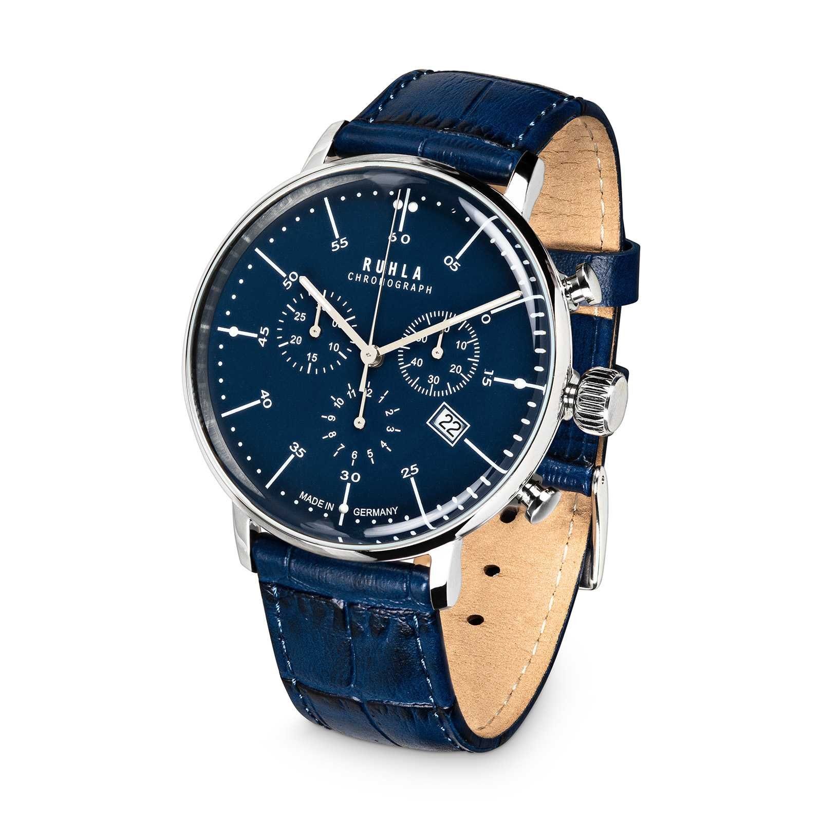 UMR Ruhla Chronograph Herrenuhr 91205 - blau - Lederband - 42 mm, Made in Germany