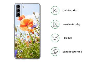 MuchoWow Handyhülle Blumen - Mohn - Frühling - Natur - Rot - Blau, Phone Case, Handyhülle Samsung Galaxy S21 Plus, Silikon, Schutzhülle