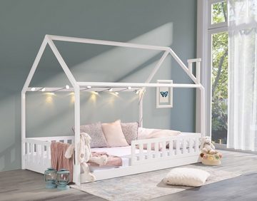 Deine Möbel 24 Hausbett Kinderbett ROSI PLUS 140x200 in Weiß im skandinavischen Still (Set, Einzelbett Jugendbett mit Lattenrost und abnehmbarem Rausfallschutz), aus Massivholz Vollholz Kiefernholz massiv