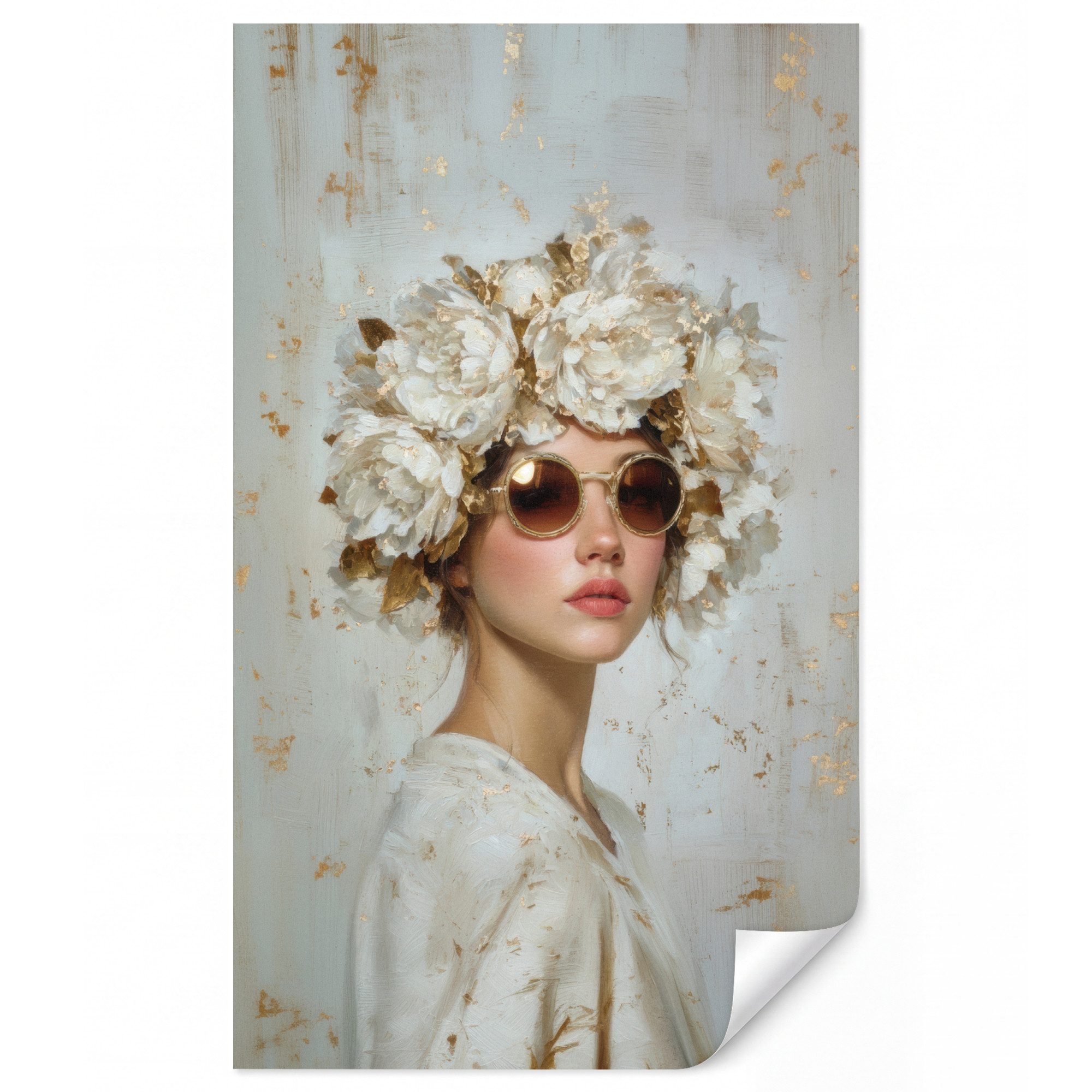 OnlyWow Fototapete Kunstdrucke - Frau - Sonnenbrille - Blumenkranz, Matt, bedruckt, Wohnzimmer, Modern, Wanddekoration 180x300cm