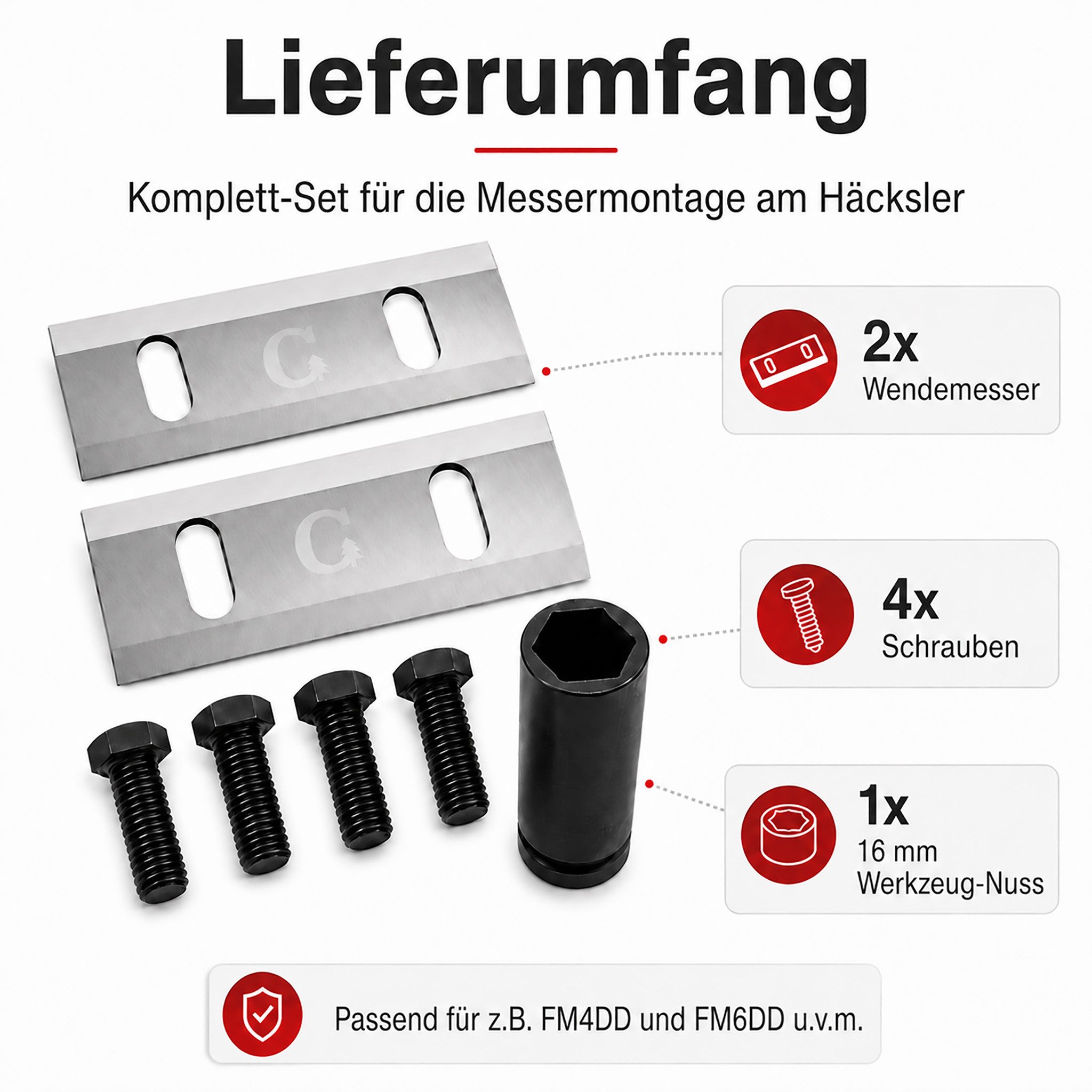 ECI Tools Häckslermesser ECI Messer-Montage-Komplett-Kit für FM4DDE FM6DD Gartenhäcksler