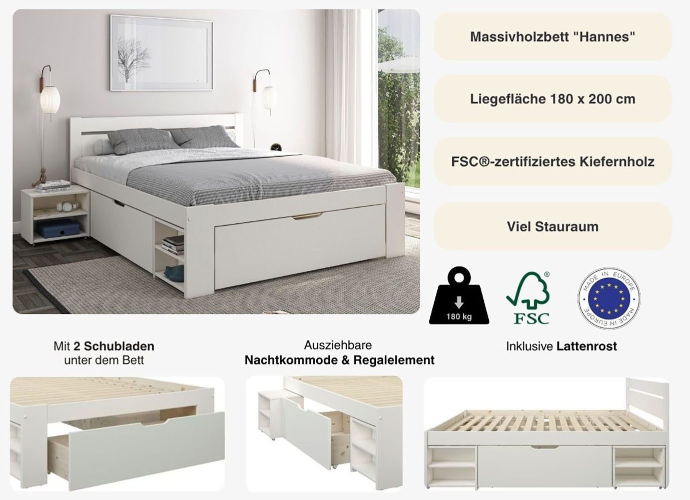 OTTO home Massivholzbett "HANNES " mit Schubladen und Regalen, Nachtschrank ausziehbar, stabil, FSC®-zertifiziertes Kiefernholz, ideal für kleine Räume