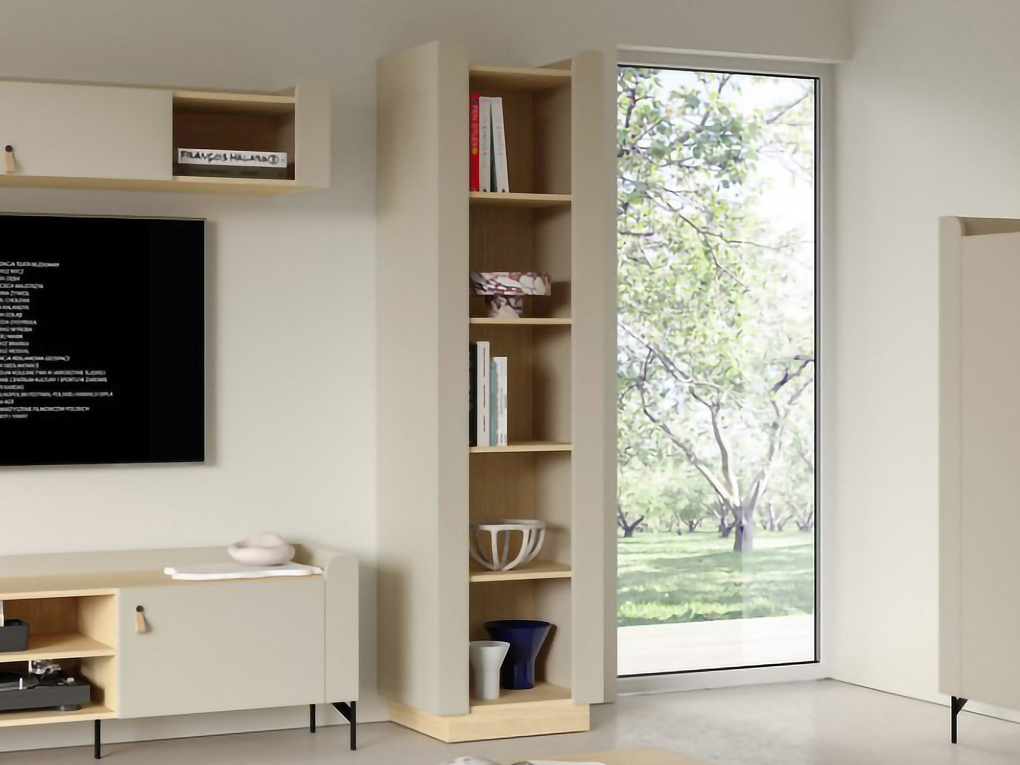Beautysofa Regal SORELLA offen, 55 cm, schmales Bücherregal mit 4 offenen Fächern, Porcini oder Macadamia mit Eiche Mavelie