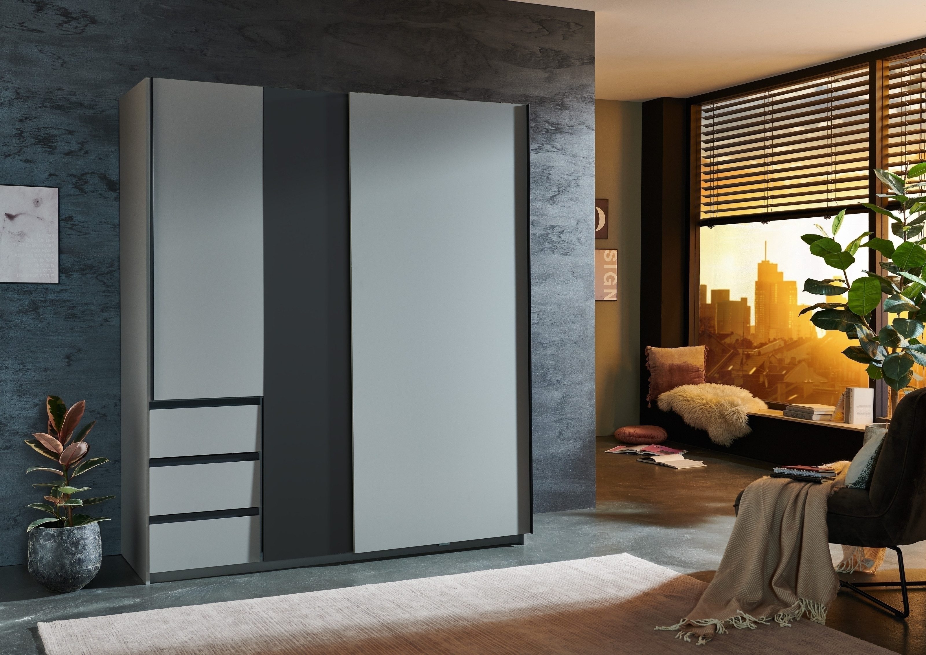 freiraum Schwebetürenschrank Stade in SAHARAGRAU / GRAPHIT - 168x198x63cm (BxHxT)